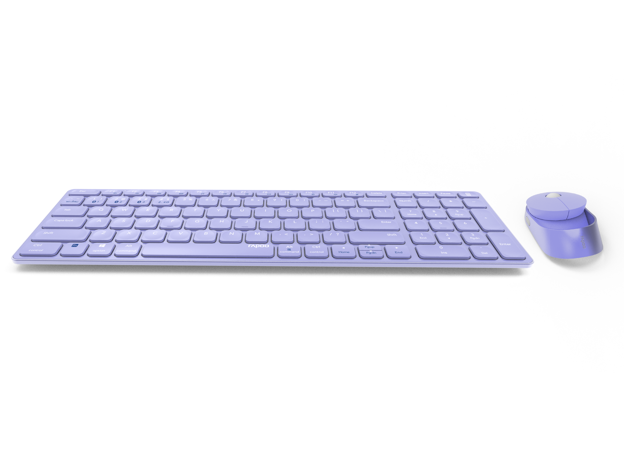 Ein lavendelfarbenes Tastatur- und Mausset vor weißem Hintergrund. Die Tastatur hat ein vollständiges Layout.