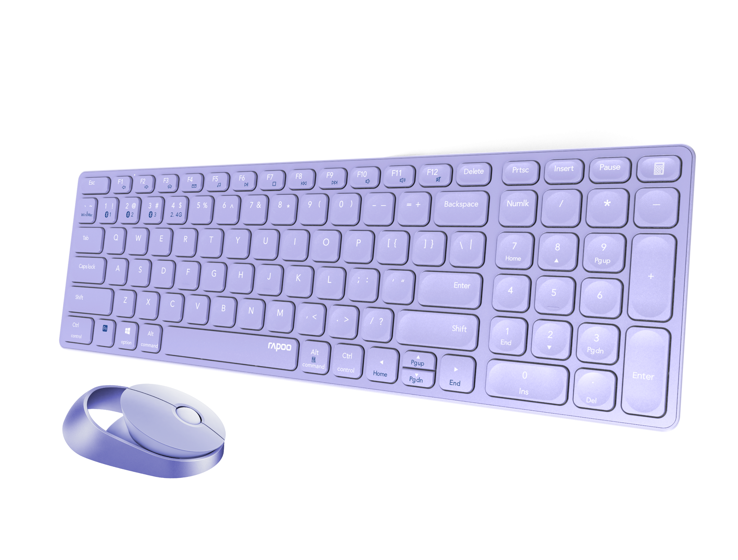 Helllila Tastatur und Maus-Set. Die Tastatur hat ein Standard-Layout. Weißer Hintergrund.