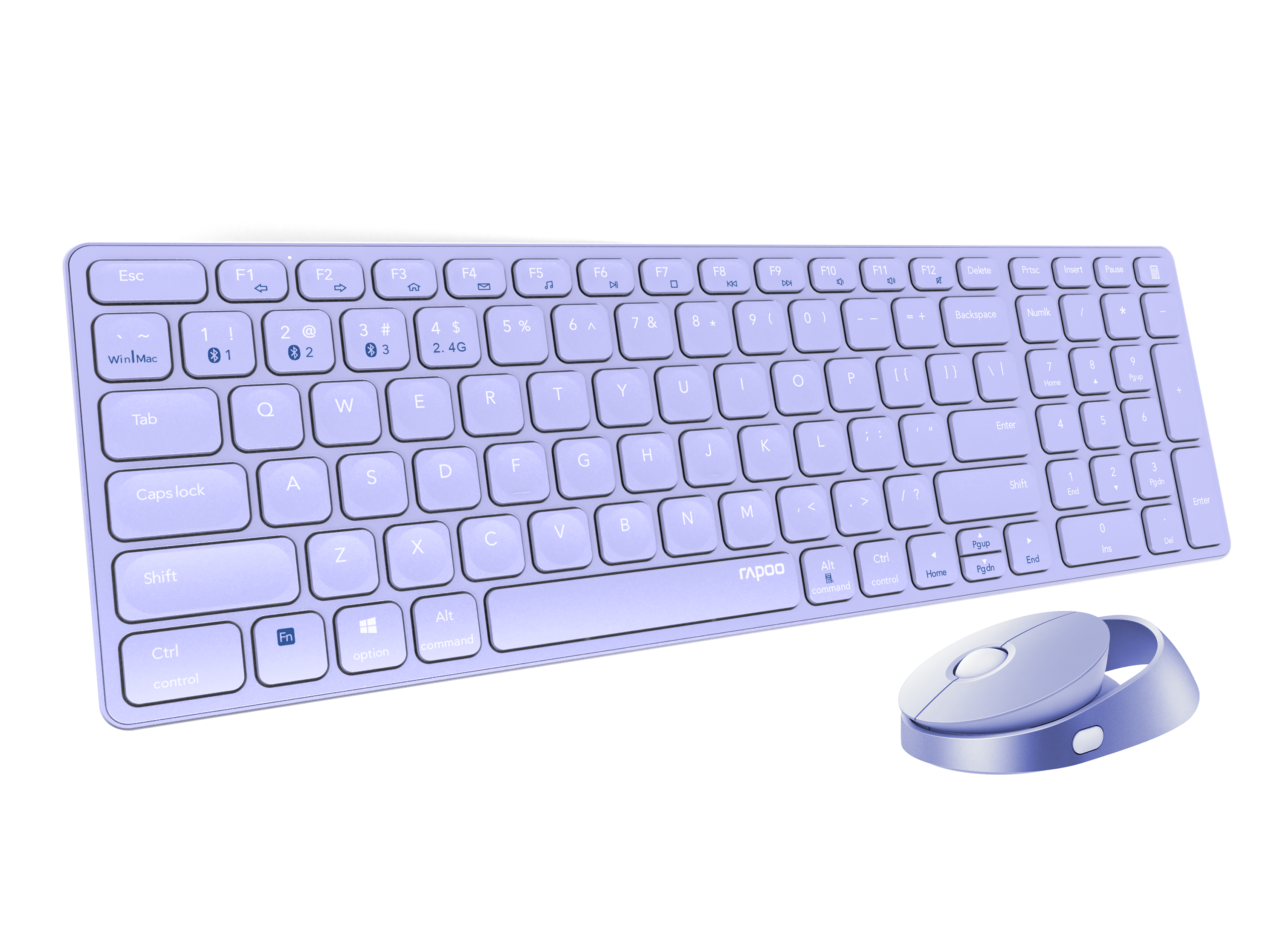 Ein lavendelfarbenes Tastatur- und Maus-Set auf weißem Hintergrund.