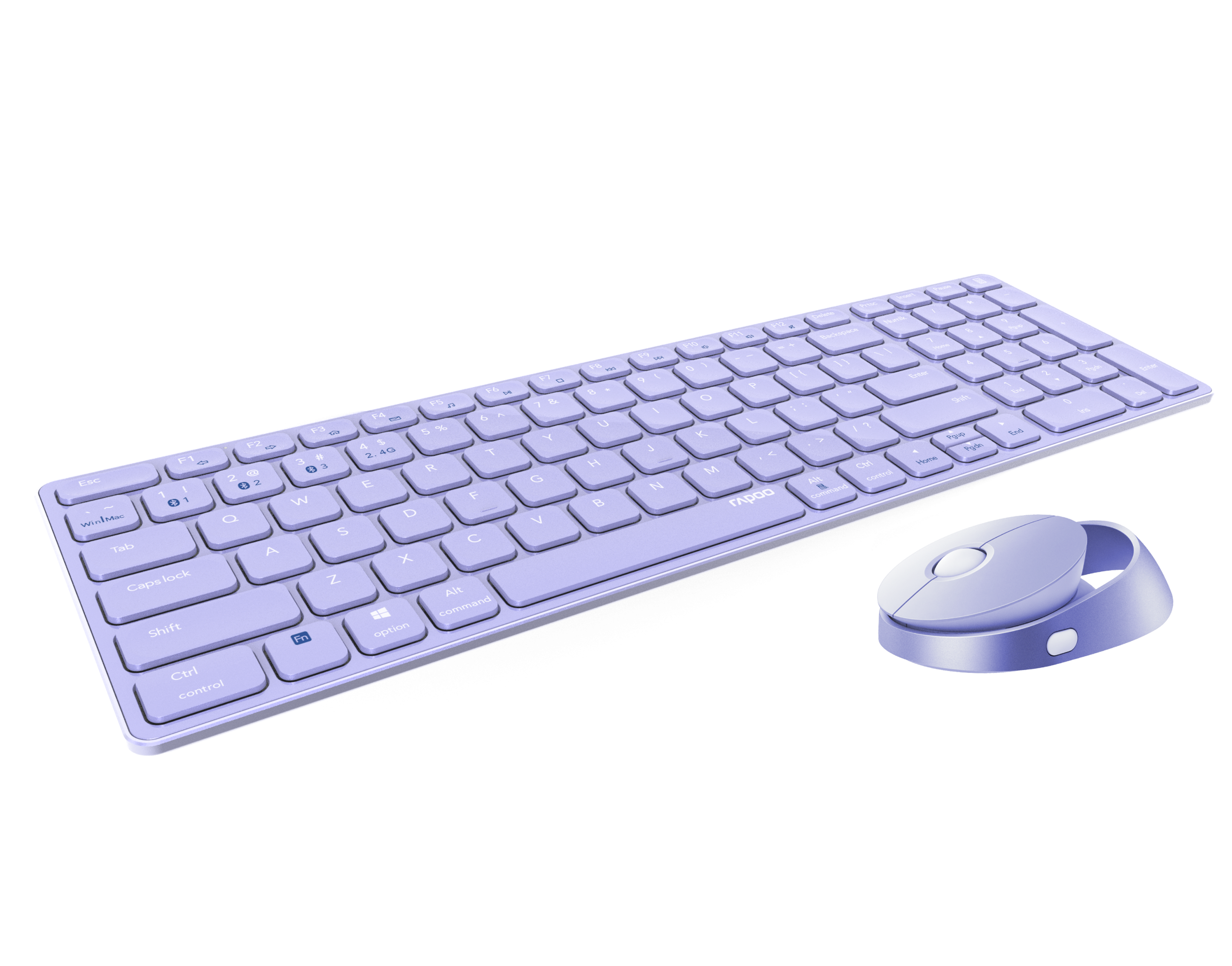 Ein helllila Tastatur- und Maus-Set auf weißem Hintergrund.