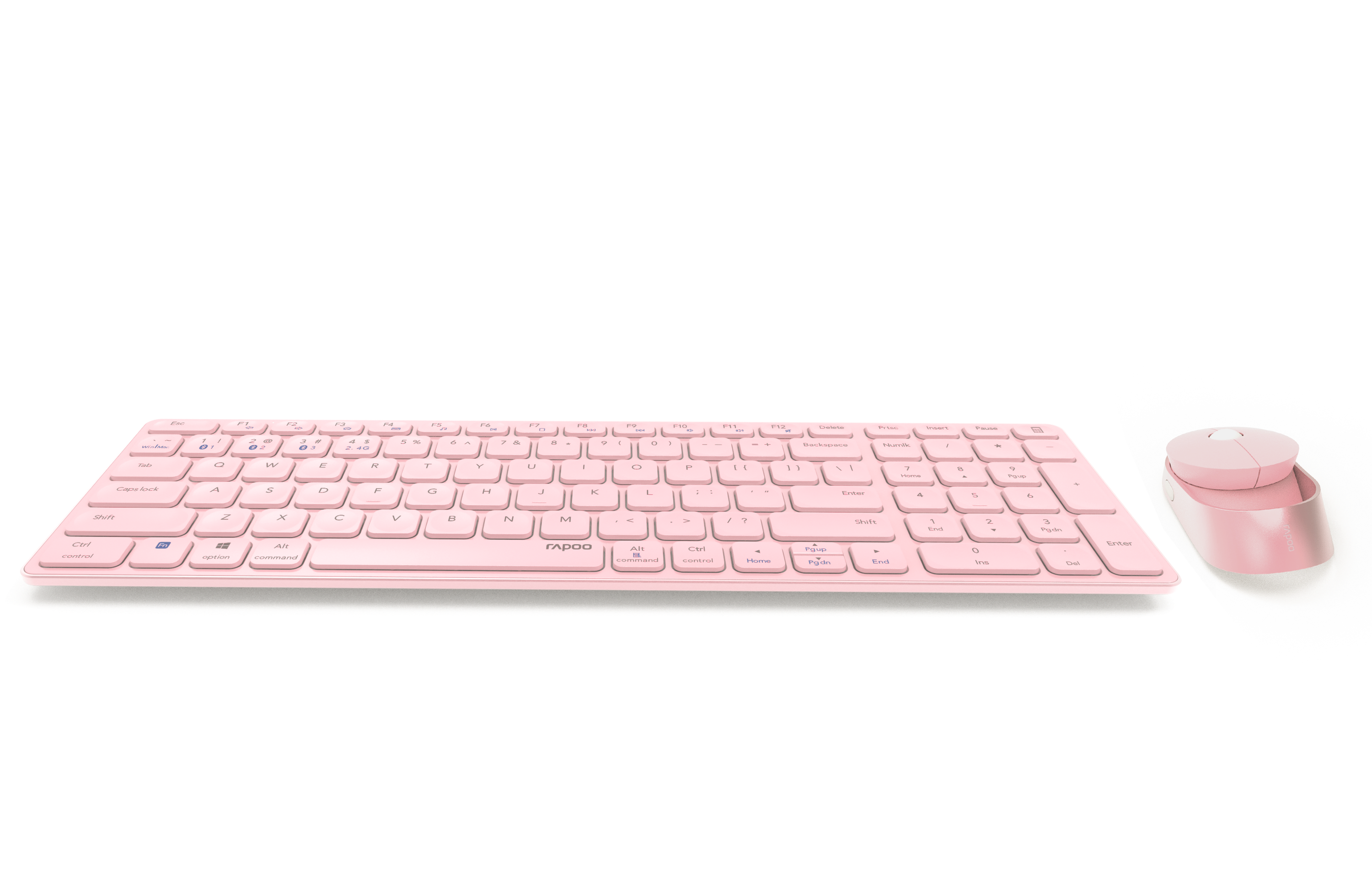 Ein rosa Tastatur- und Maus-Set auf weißem Hintergrund, Draufsicht.