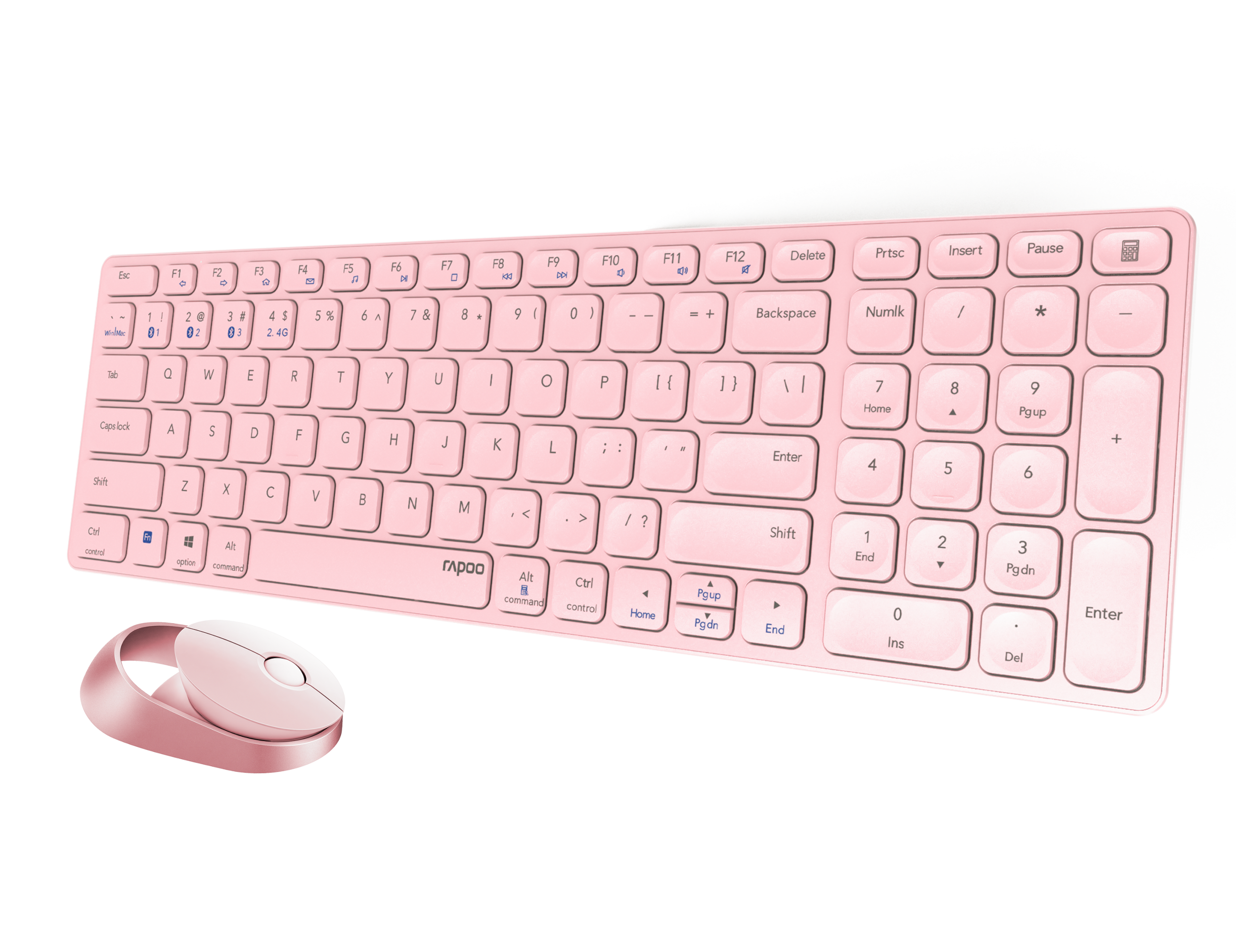 Rosa Tastatur und Maus. Weißer Hintergrund.