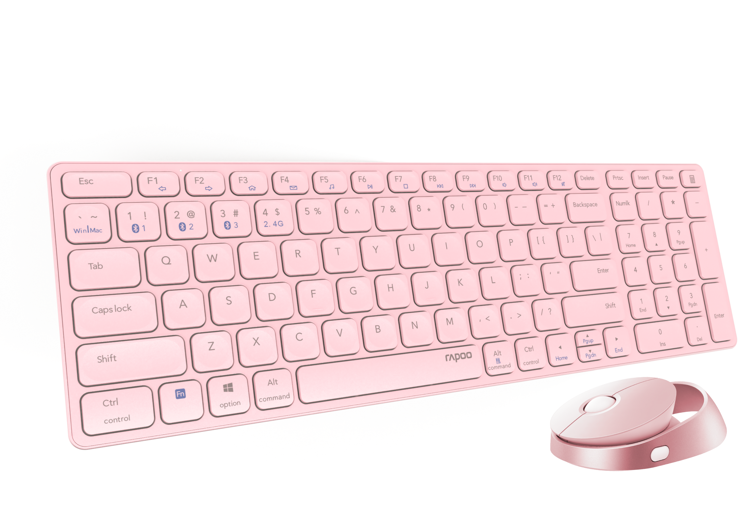Rosa Tastatur und Maus-Set. Die Tastatur hat viele Tasten. Die Maus ist rund.