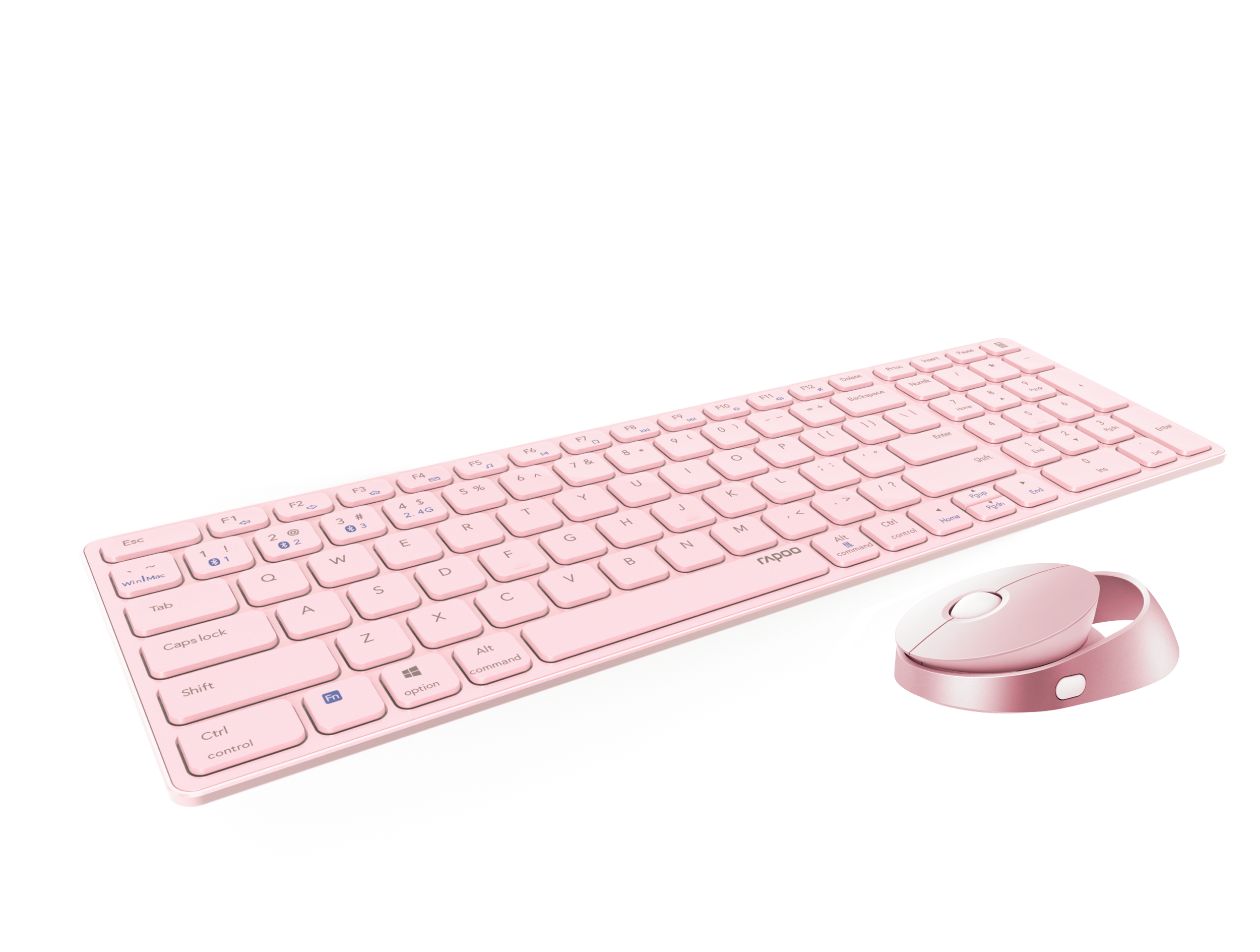 Rosa kabelloses Tastatur- und Maus-Set auf weißem Hintergrund. Die Maus rechts.