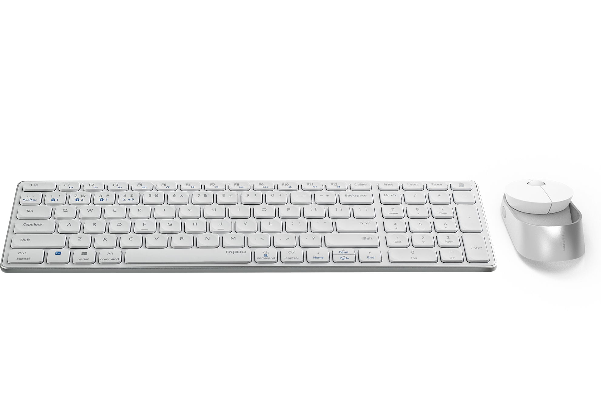 Ein weißes Tastatur- und Maus-Set. Die Tastatur ist rechteckig mit weißen Tasten, die Maus ist klein und oval.