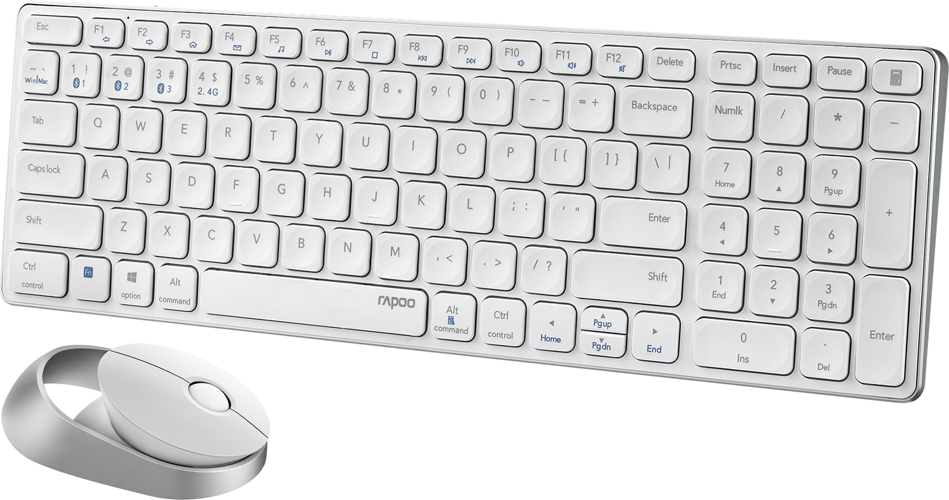 Weißes kabelloses Tastatur- und Maus-Set. Die Tastatur hat weiße Tasten und einen silbernen Maus-Halter.