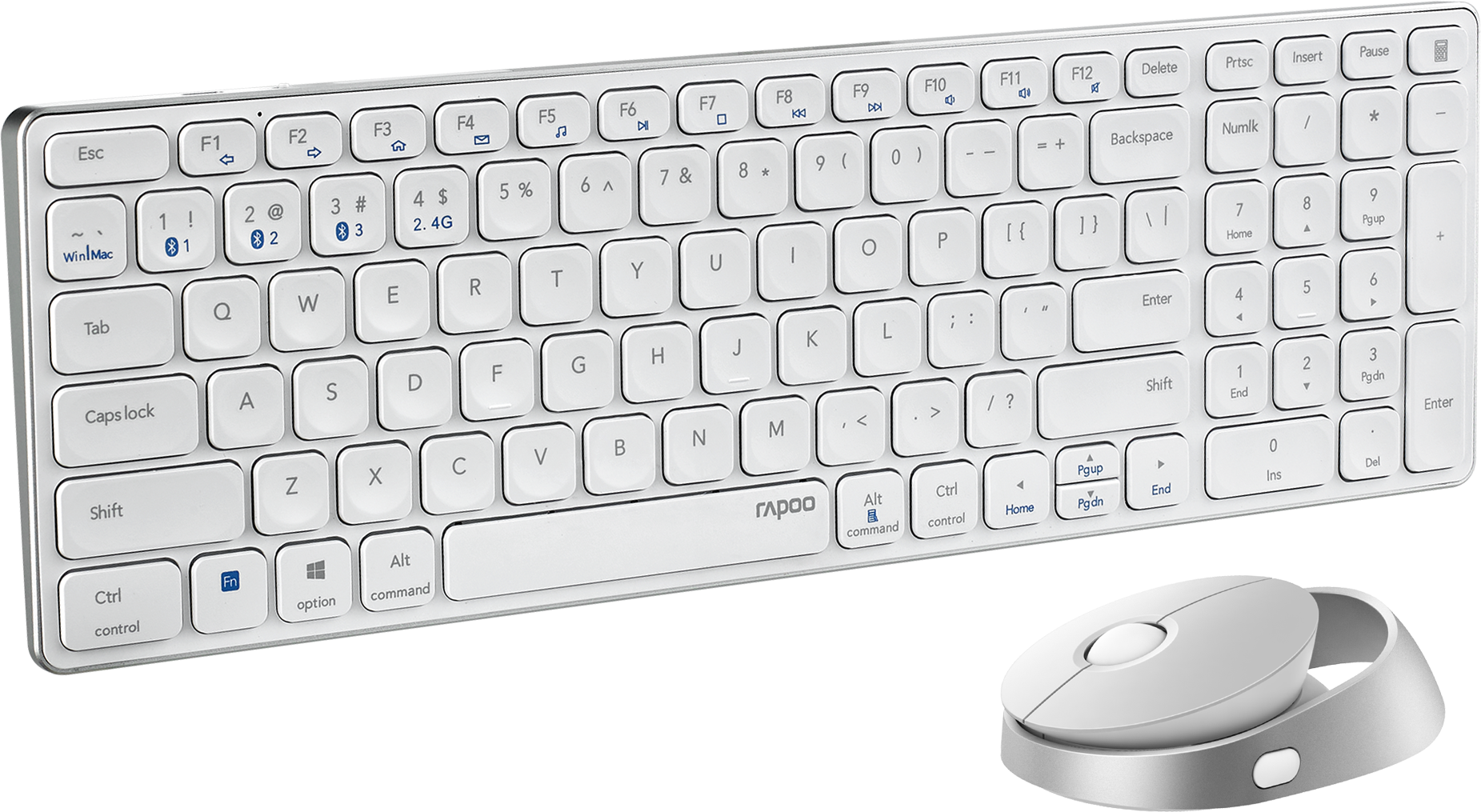 Weiße Tastatur mit Maus. Die Tastatur hat Funktionstasten und einen Ziffernblock.
