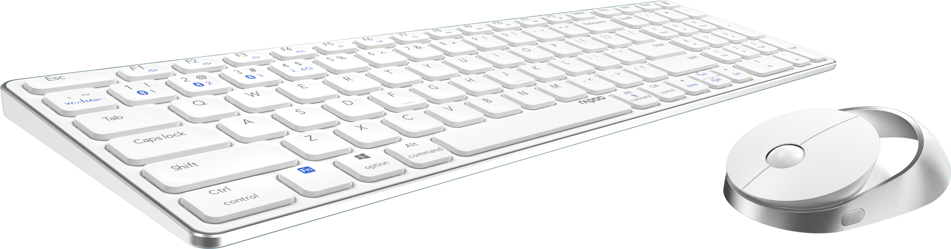 Eine weiße, kabellose Tastatur und Maus, auf dunklem Hintergrund angeordnet, für bessere Sichtbarkeit abgewinkelt.