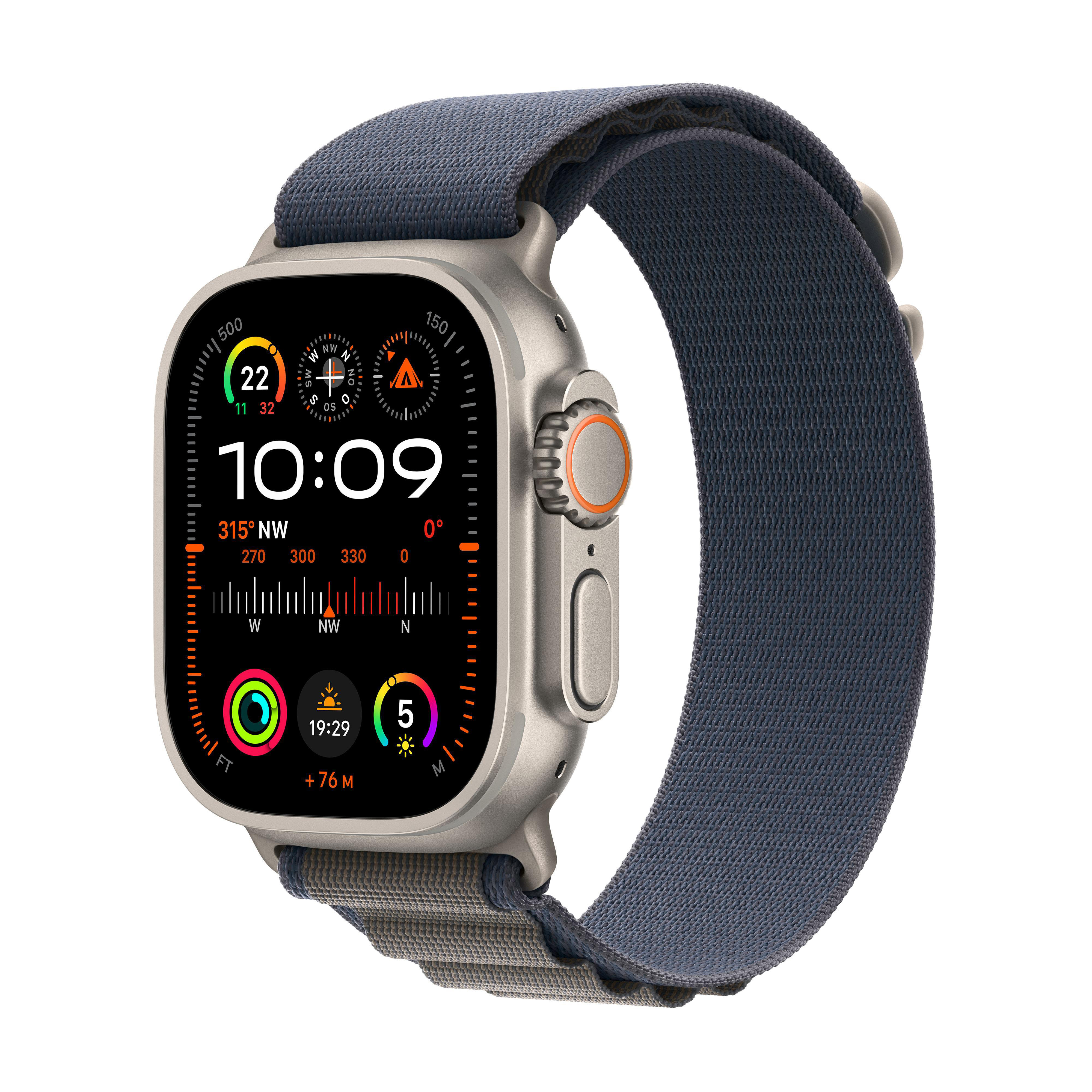 Apple Watch Ultra mit blauem Armband. Zeigt Zeit, Kompass und Gesundheitsdaten an.