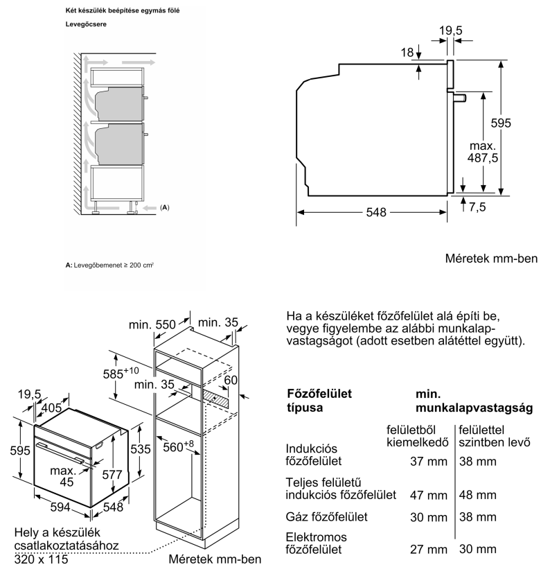 Beépíthető sütő diagramja, méretekkel és beépítési követelményekkel.
