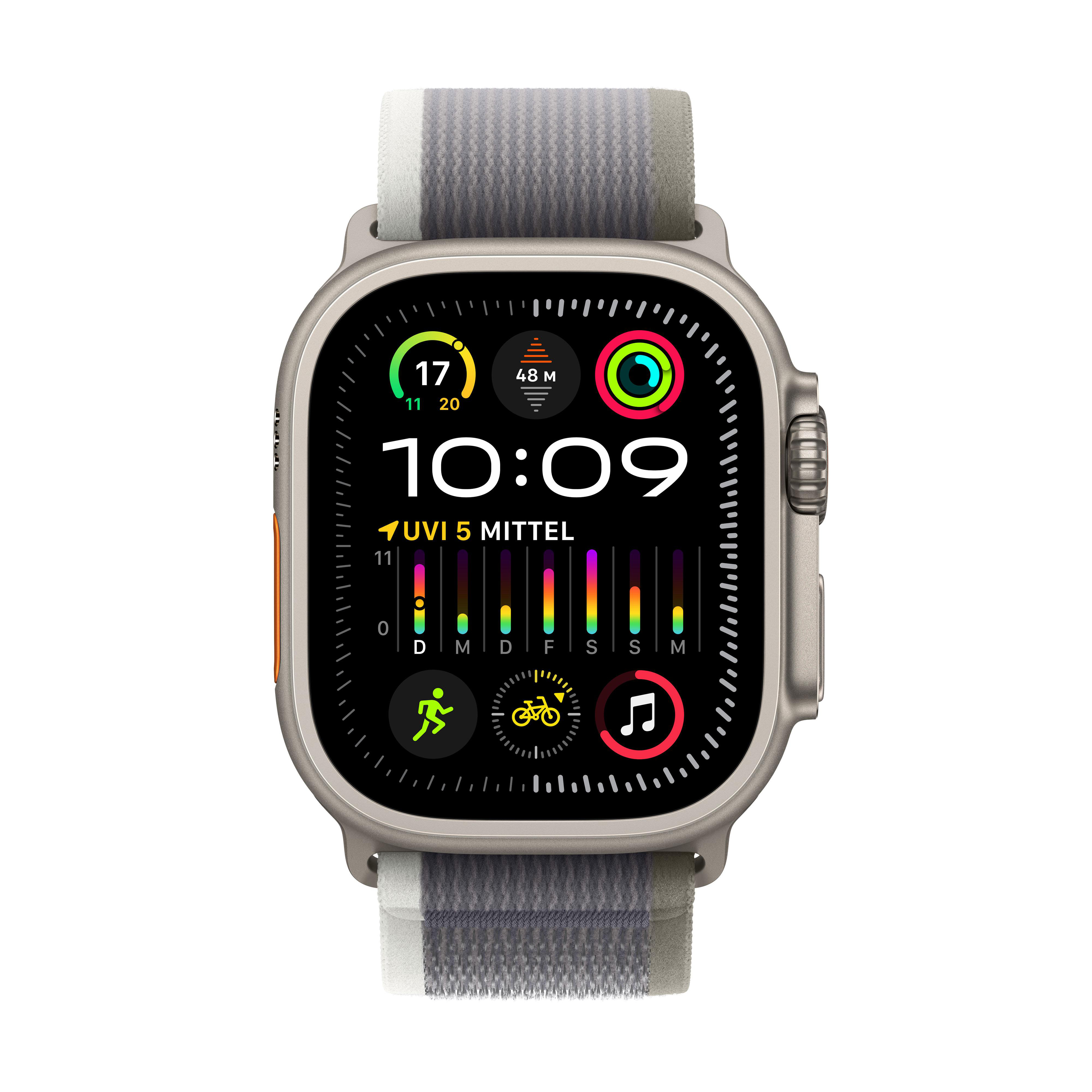Eine Apple Watch mit grauem Band. Der Bildschirm zeigt Zeit, Fitnessdaten und das Datum an.
