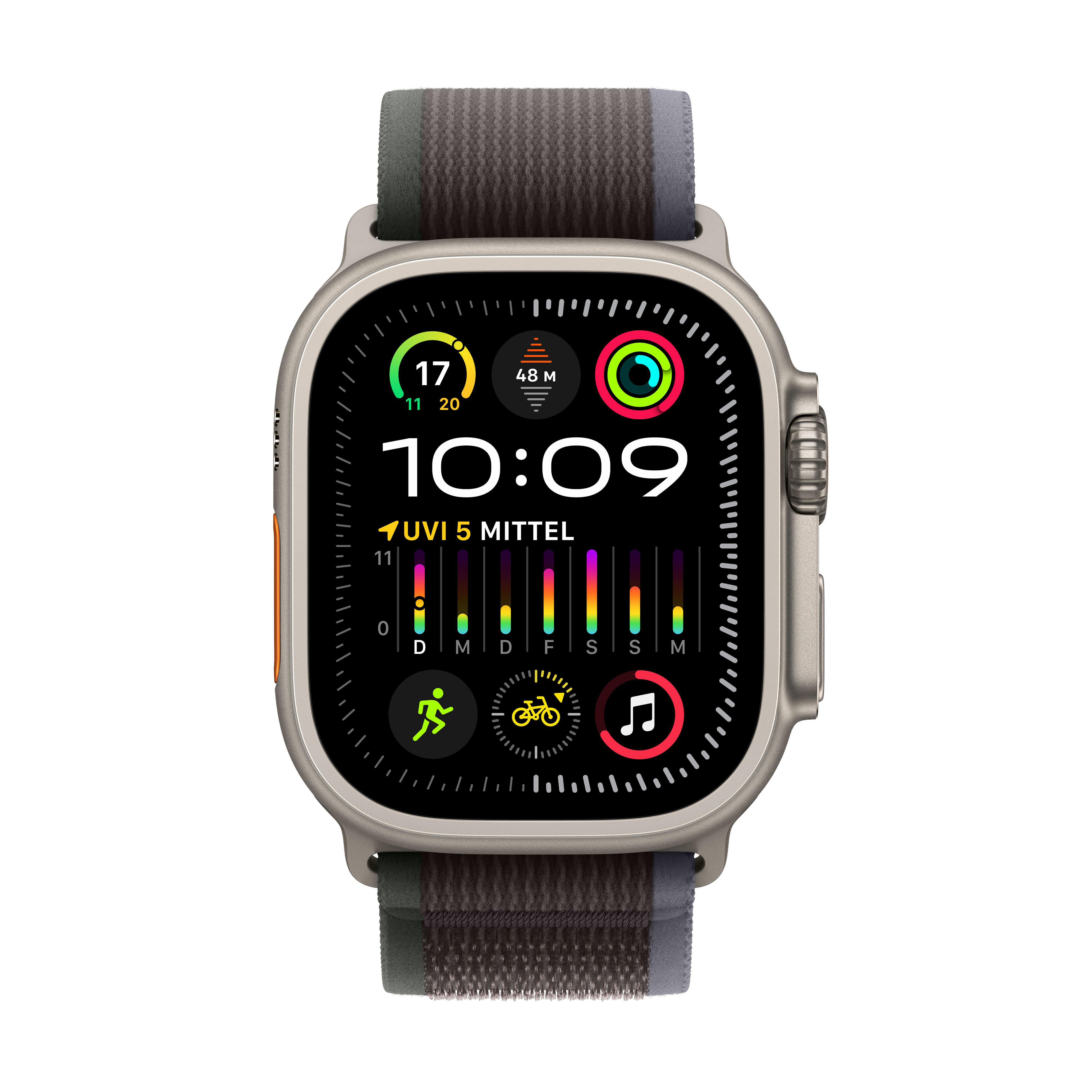 Silberne Apple Watch Ultra. Display zeigt Uhrzeit, Daten und Aktivitäts-Icons. Grau-olivgrünes Band.