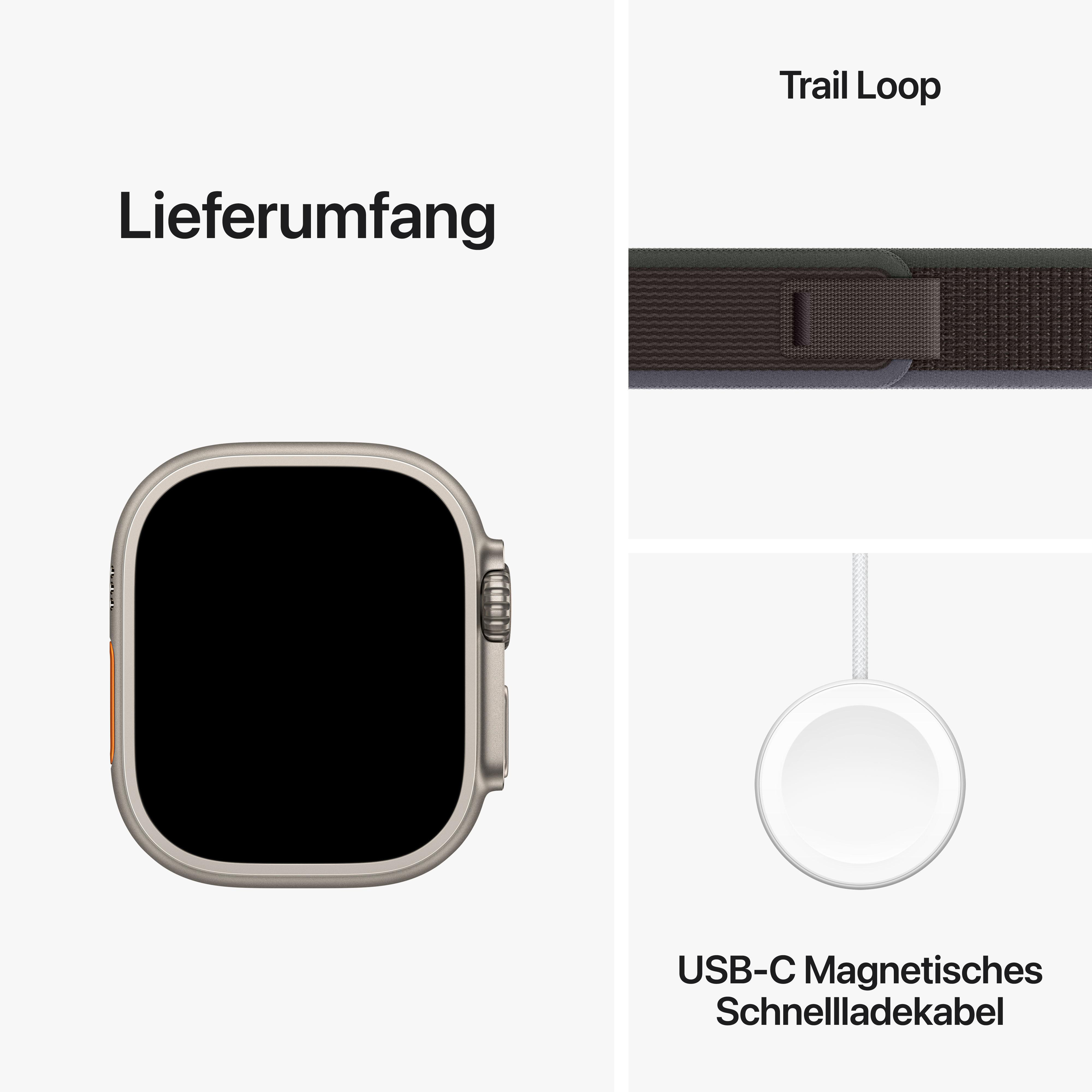Apple Watch mit Trail Loop Armband und Ladegerät. Uhr silber, Armband braun, Ladegerät weiß.