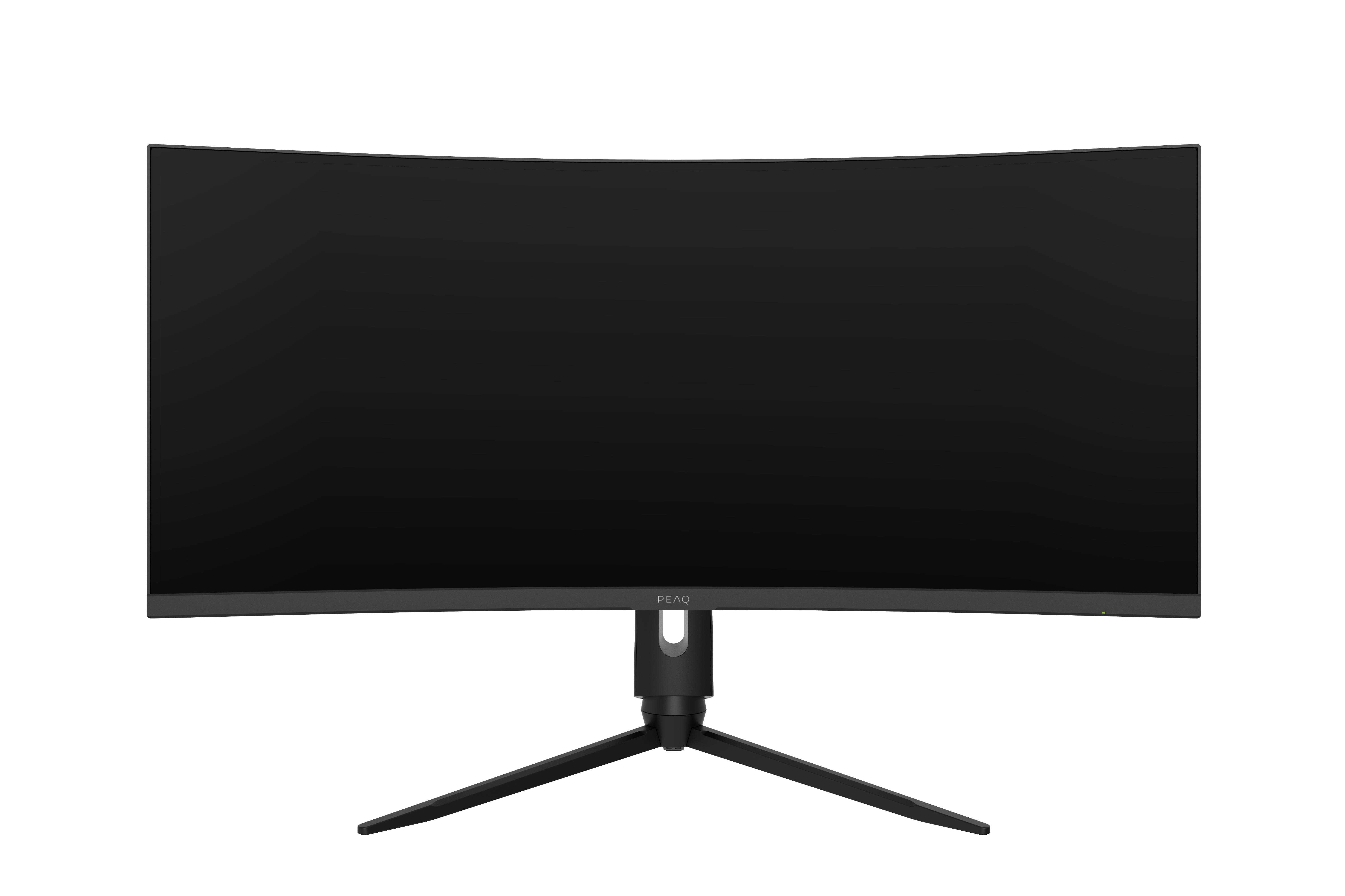 Ein geschwungener schwarzer Computermonitor mit schmalem Rahmen und Ständer vor weißem Hintergrund.
