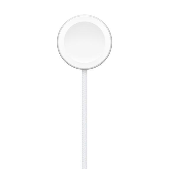 Ein weißes Apple Watch-Ladegerät mit weißem Kabel.