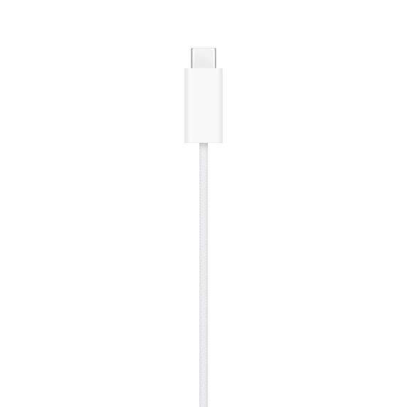 Ein weißes, geflochtenes USB-C-Ladekabel, vor einem weißen Hintergrund betrachtet.