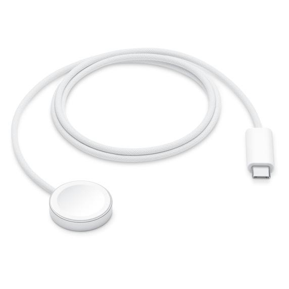 Weißes Apple Watch Ladekabel. Ein kreisförmiges Ladegerät und ein USB-C-Anschluss sind sichtbar.