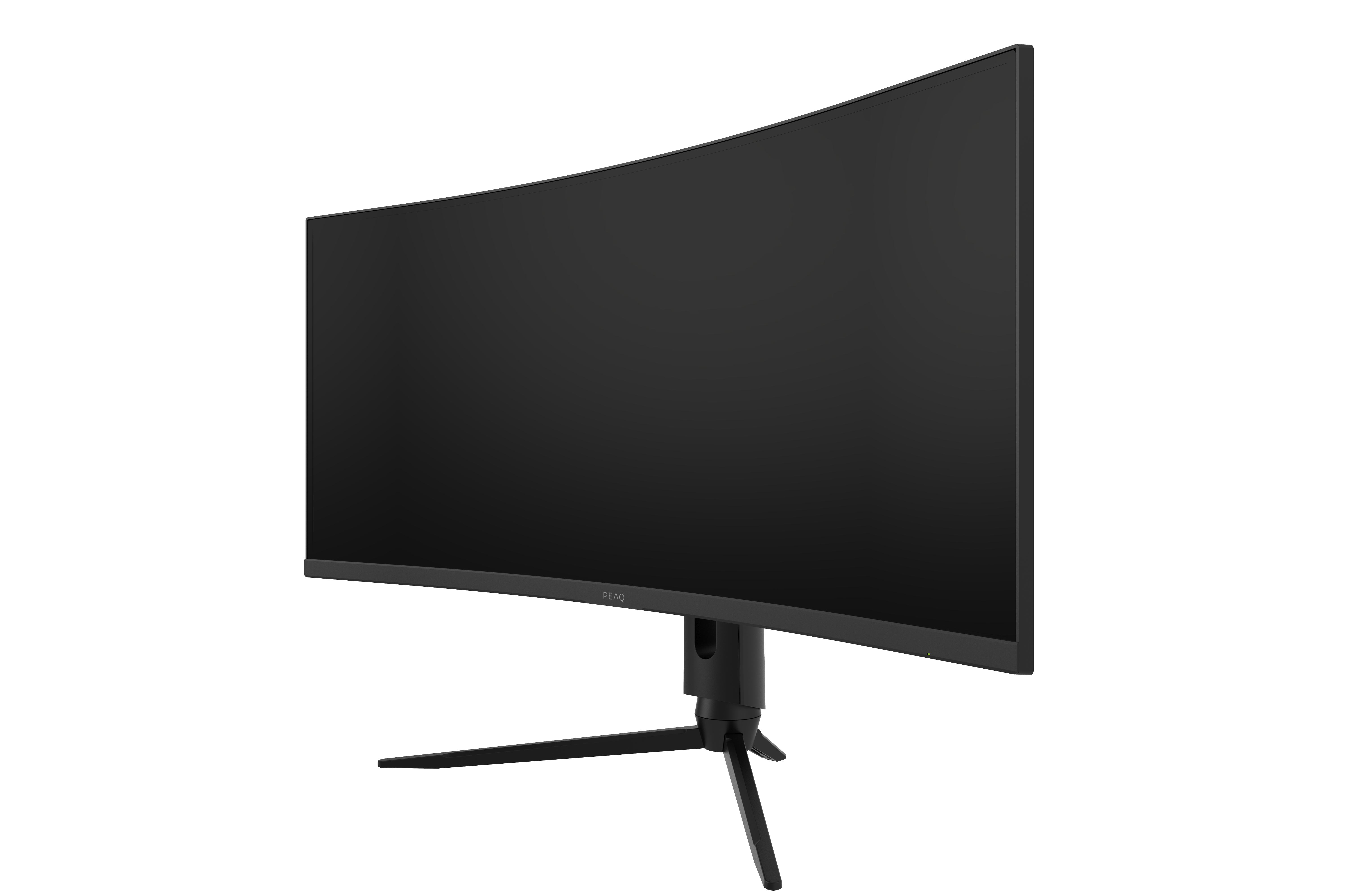 Ein großer, gebogener schwarzer Computermonitor mit schwarzem Ständer vor weißem Hintergrund.