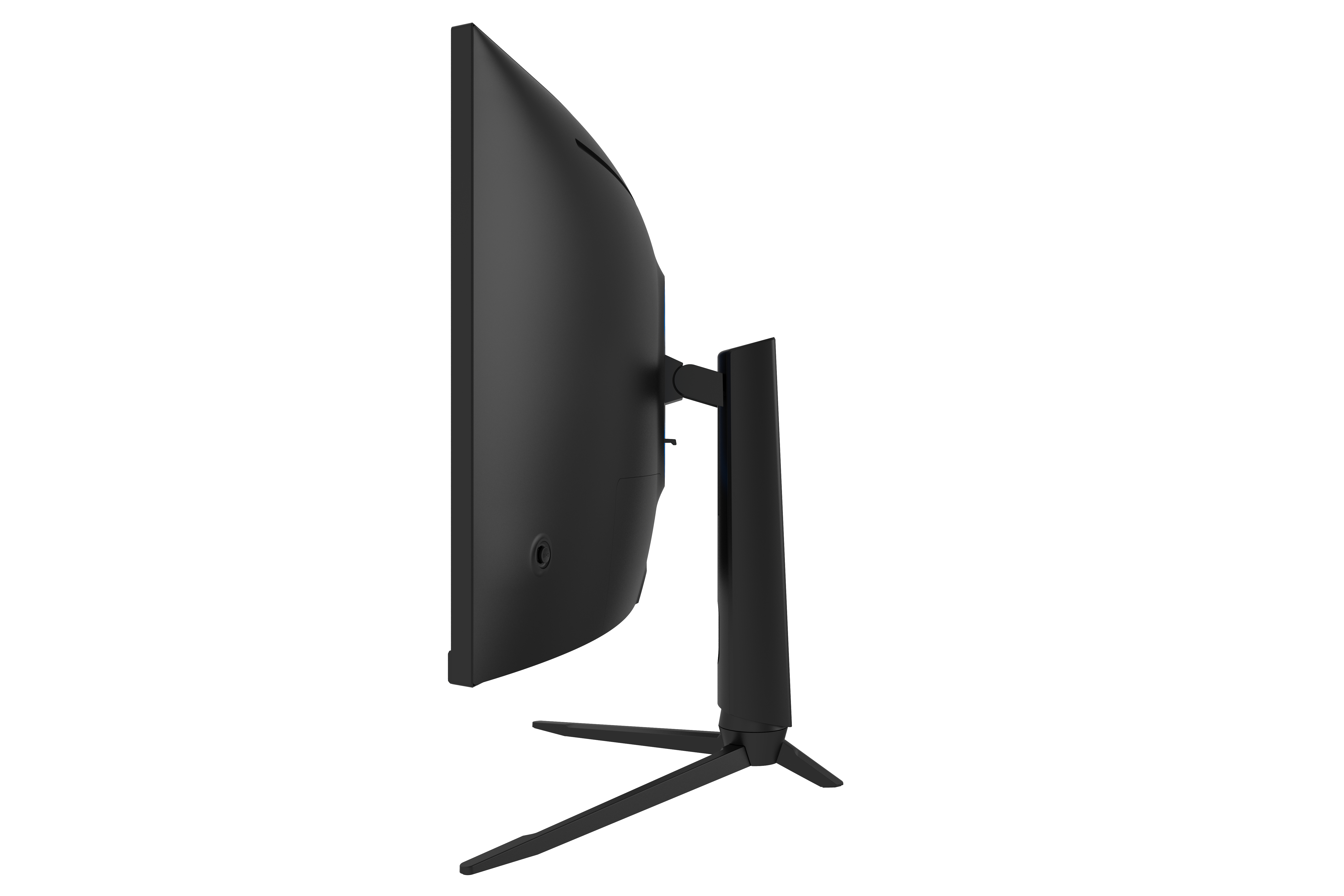 Ein schwarzer, gebogener Computermonitor, Seitenansicht, mit Ständer und weißem Hintergrund.