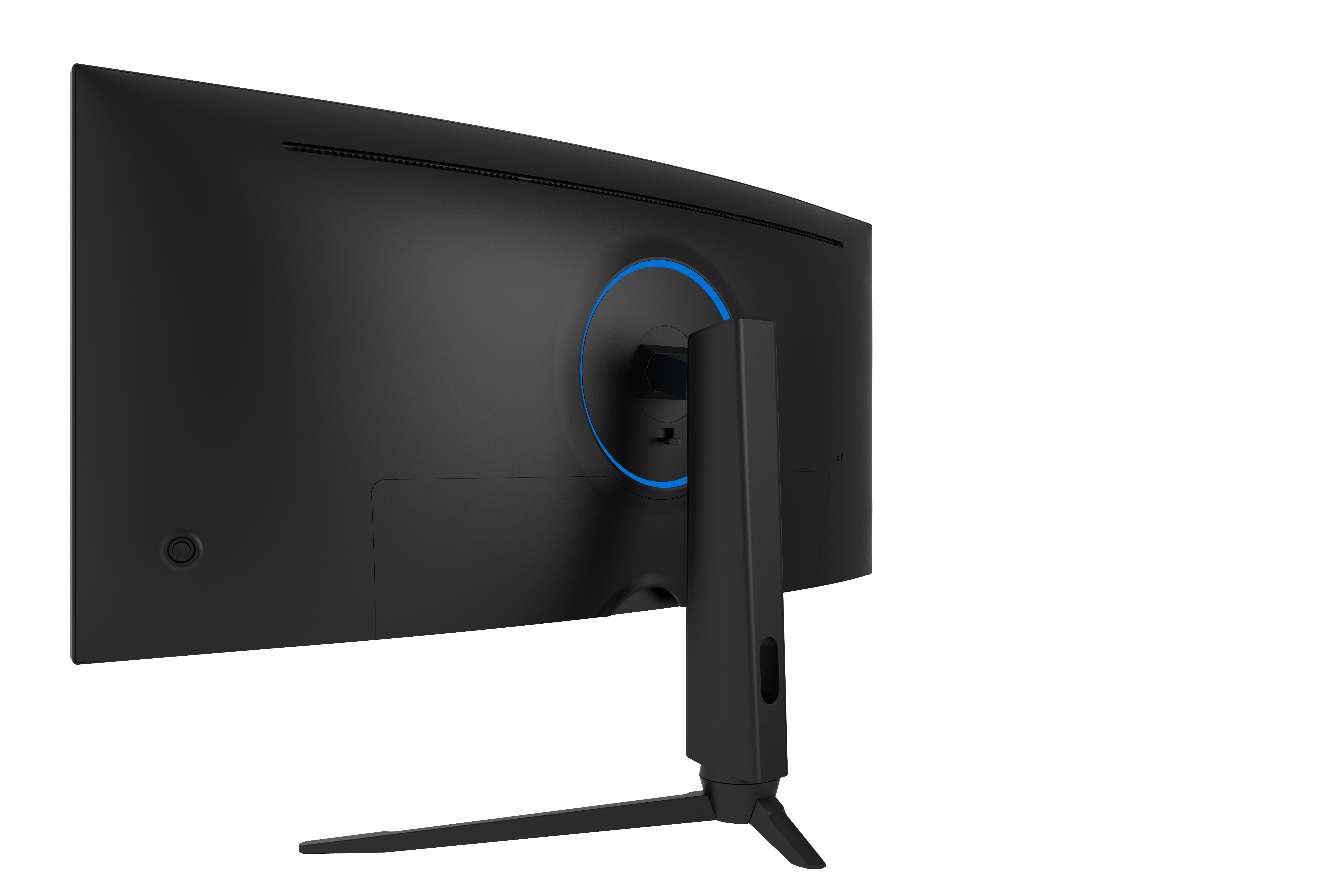 Ein gebogener schwarzer Computermonitor mit einem blauen Ring auf der Rückseite. Er hat einen Ständer.