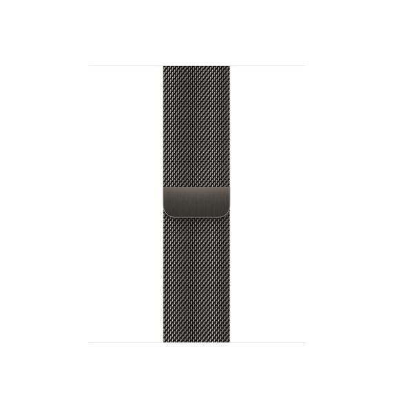 Nahaufnahme eines schwarzen Metallgeflecht-Uhrenarmbands mit Verschluss.