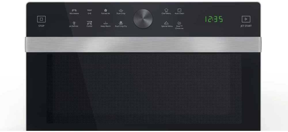 A microwave oven with a digital display and control buttons. White background.