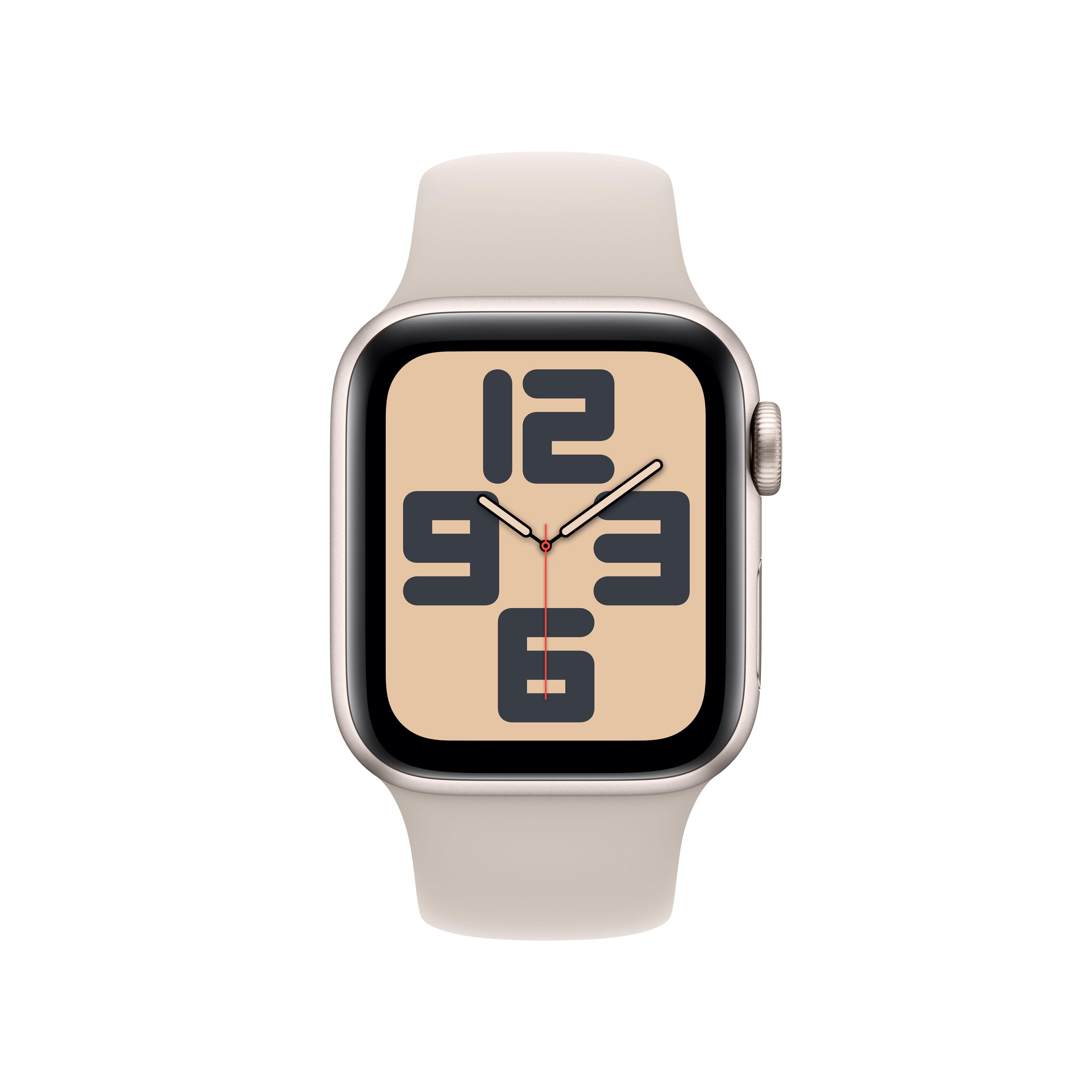 Apple Watch mit beigem Armband und beigem Zifferblatt, das die Uhrzeit anzeigt.