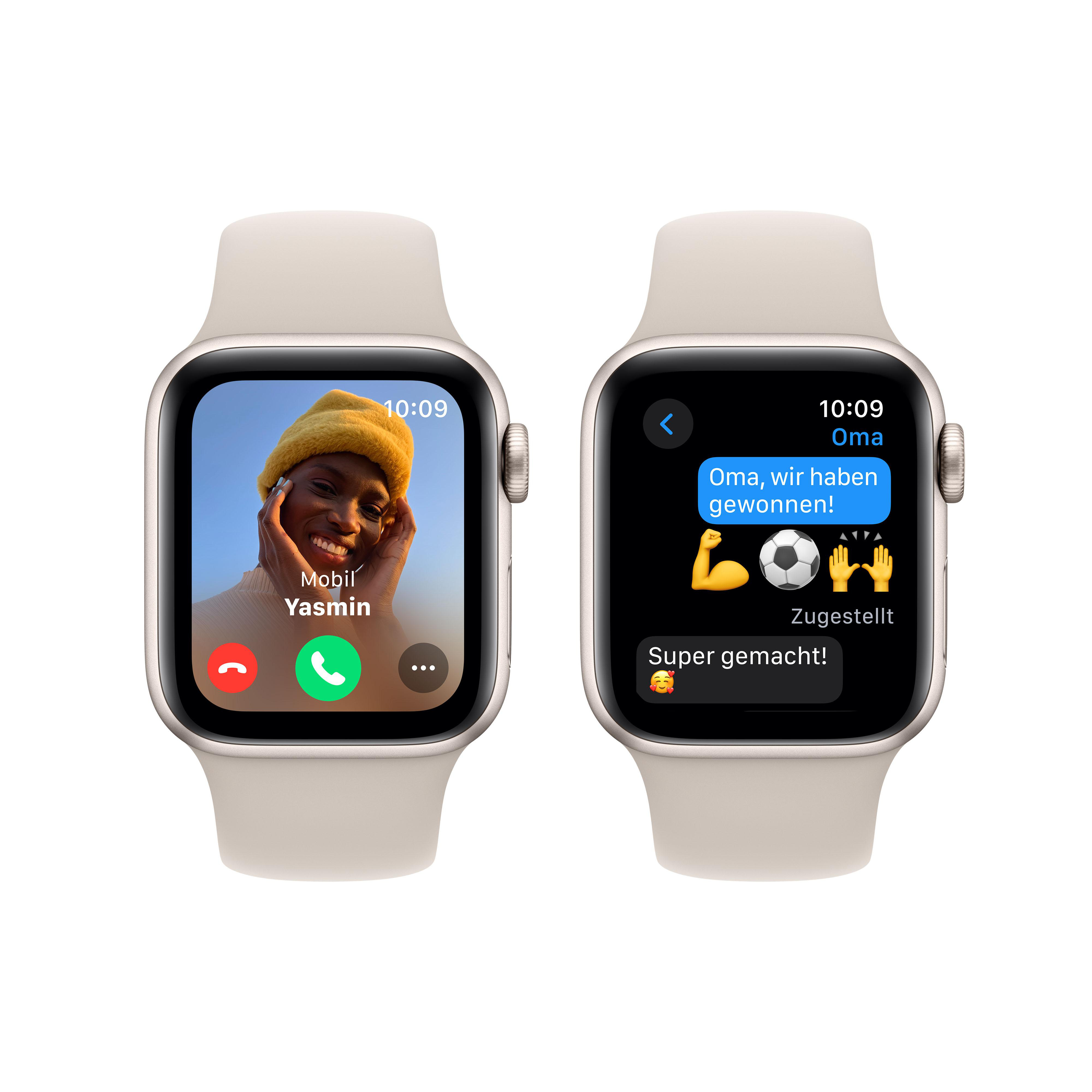 Zwei Apple Watches zeigen einen Videoanruf und eine Nachricht. Eines hat ein beiges Armband, das andere ein weißes.