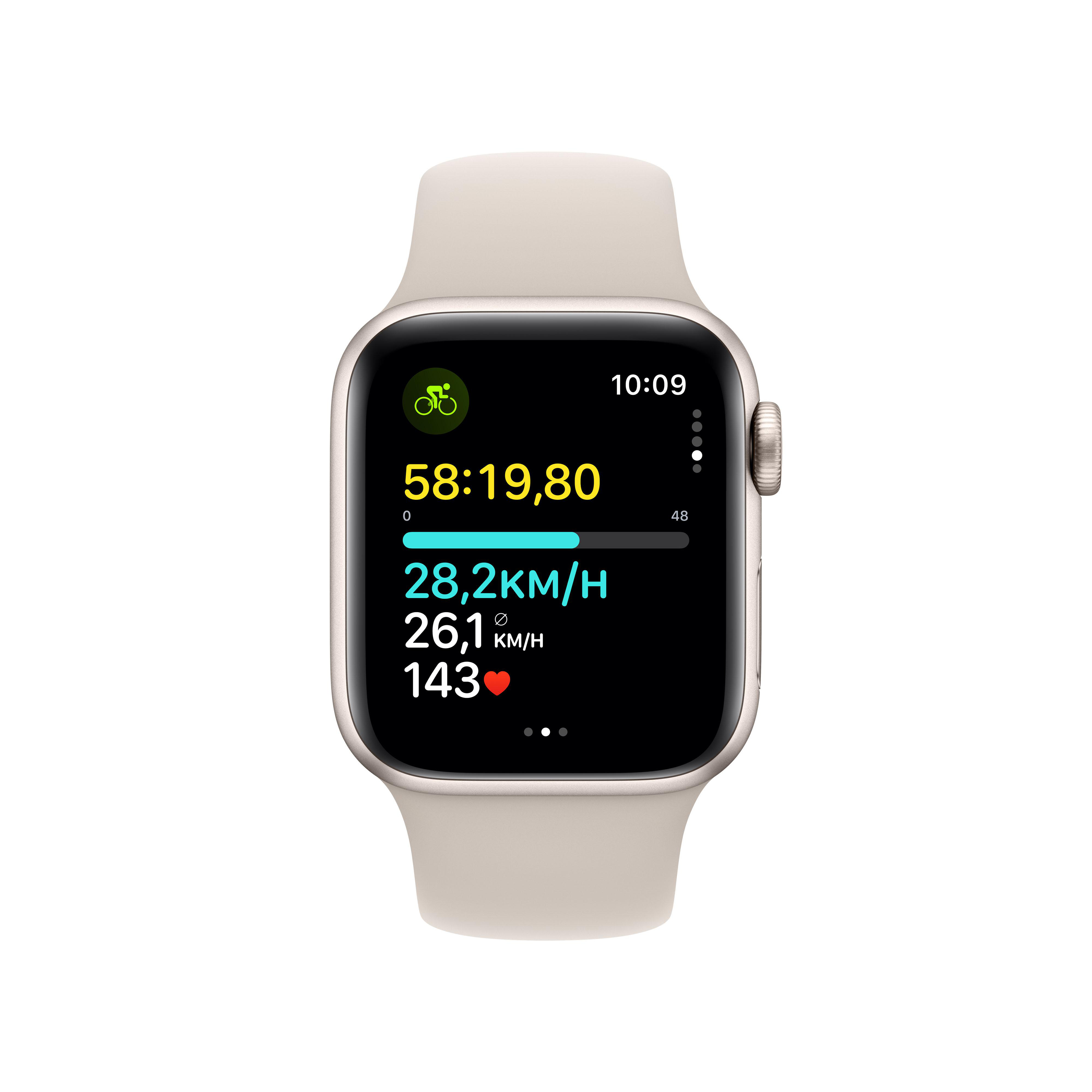 Eine Smartwatch, die Fahrradmetriken anzeigt. Der Bildschirm zeigt Zeit, Geschwindigkeit, Distanz und Herzfrequenz.