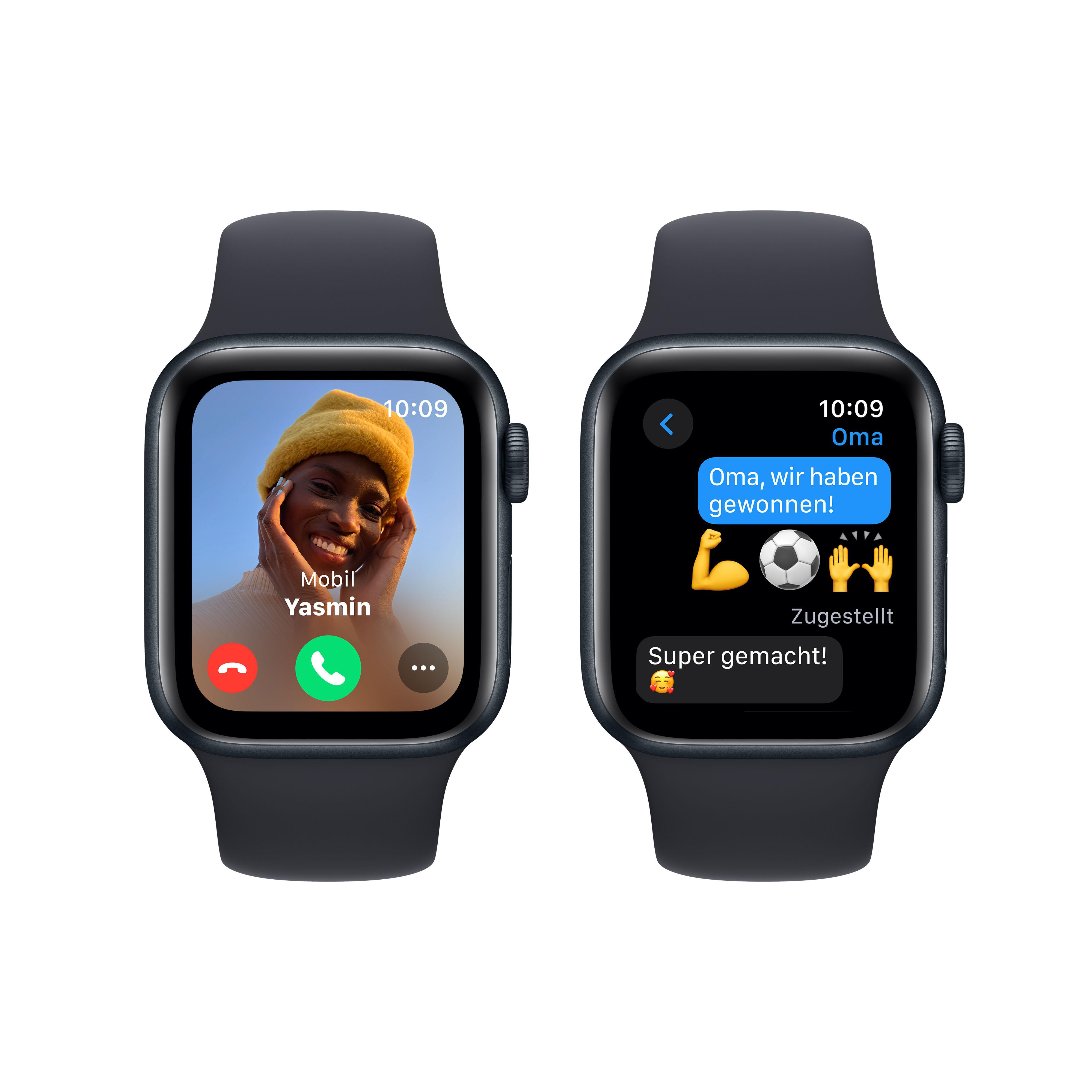 Zwei Apple Watches. Eine zeigt einen Anruf, die andere einen Text.