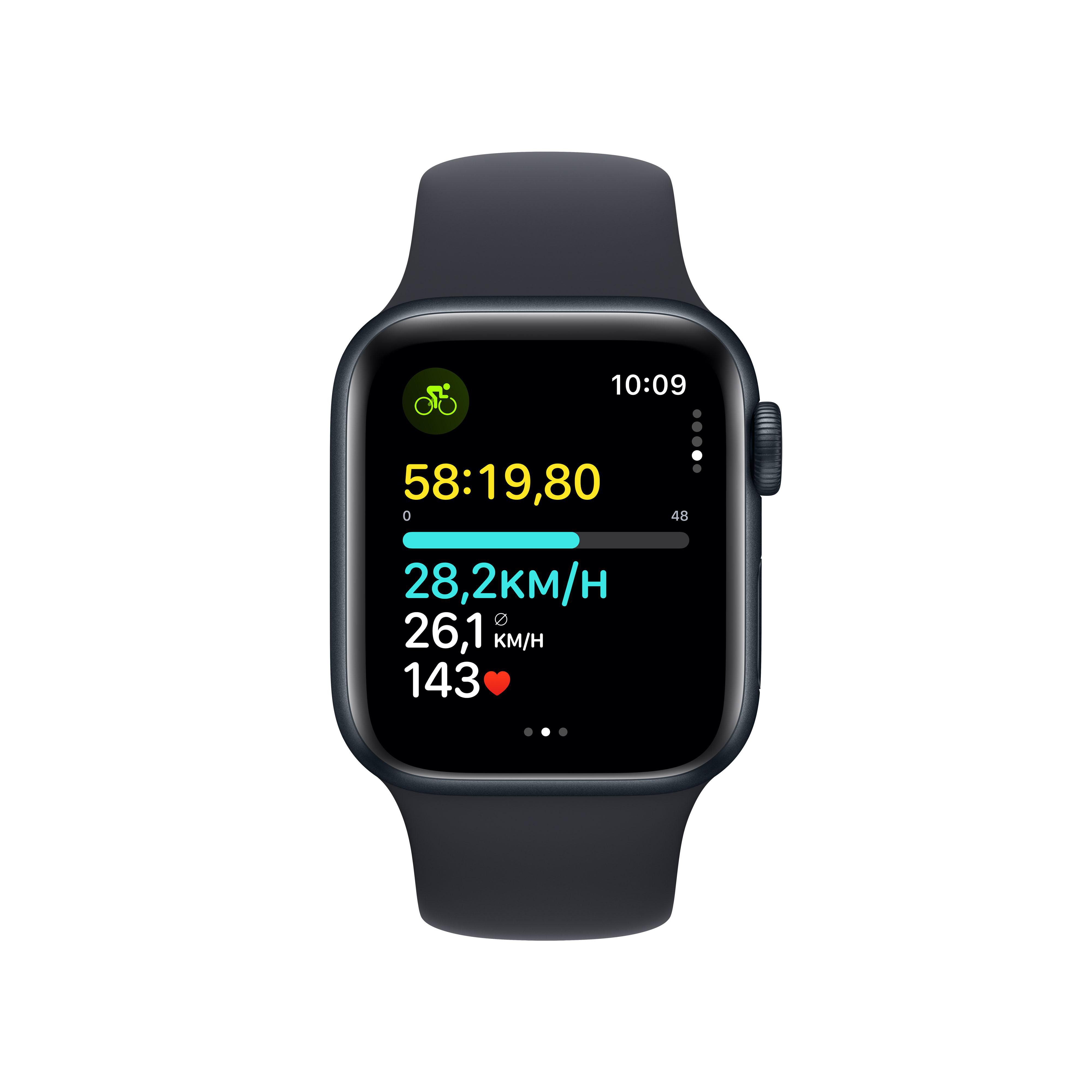 Smartwatch mit dunkelblauem Band, das Fahrradfahrdaten und Uhrzeit anzeigt.