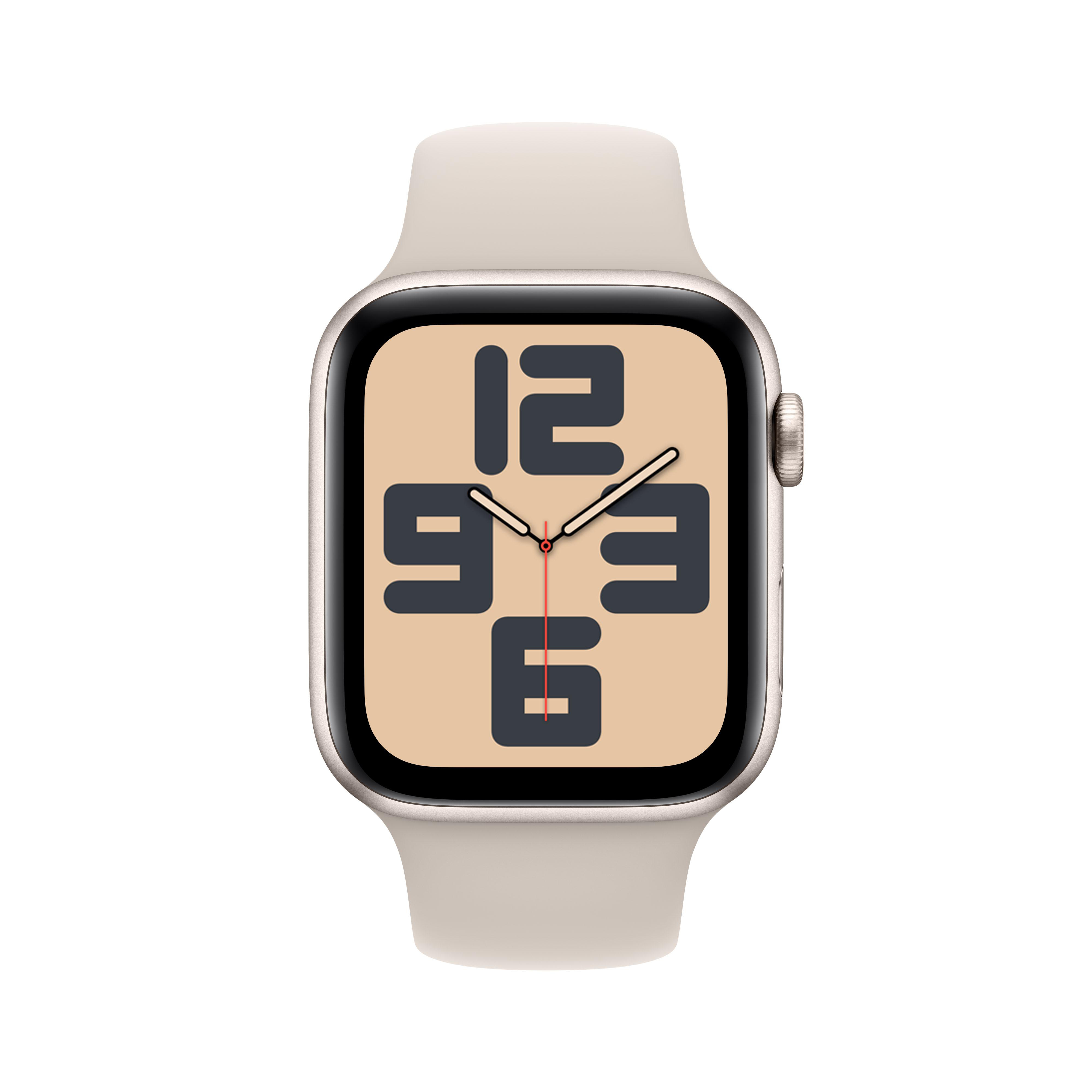 Eine Apple Watch mit beigem Armband und großem Digitaldisplay.