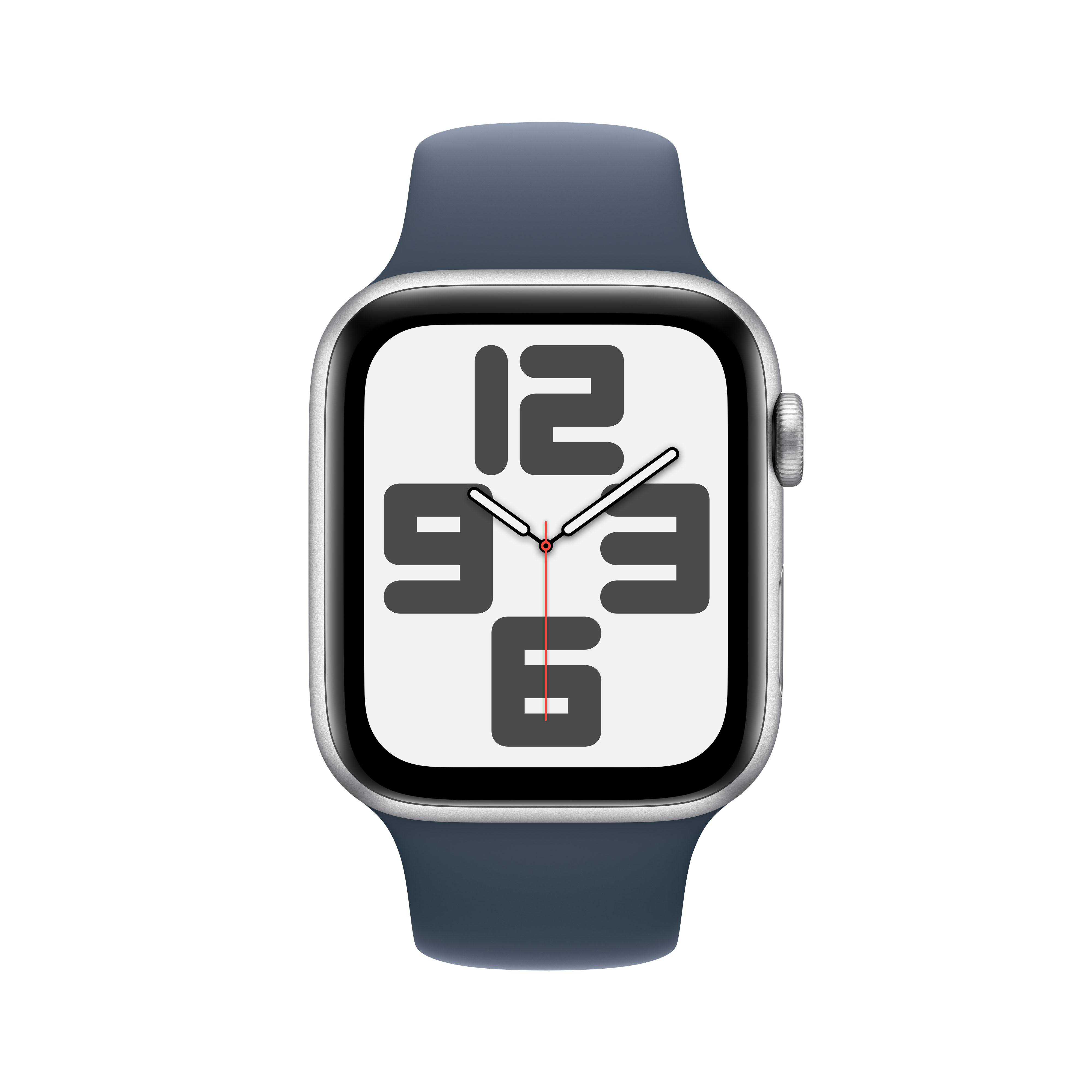 Silberne Smartwatch mit blauem Armband, Draufsicht, zeigt eine Digitaluhr an.