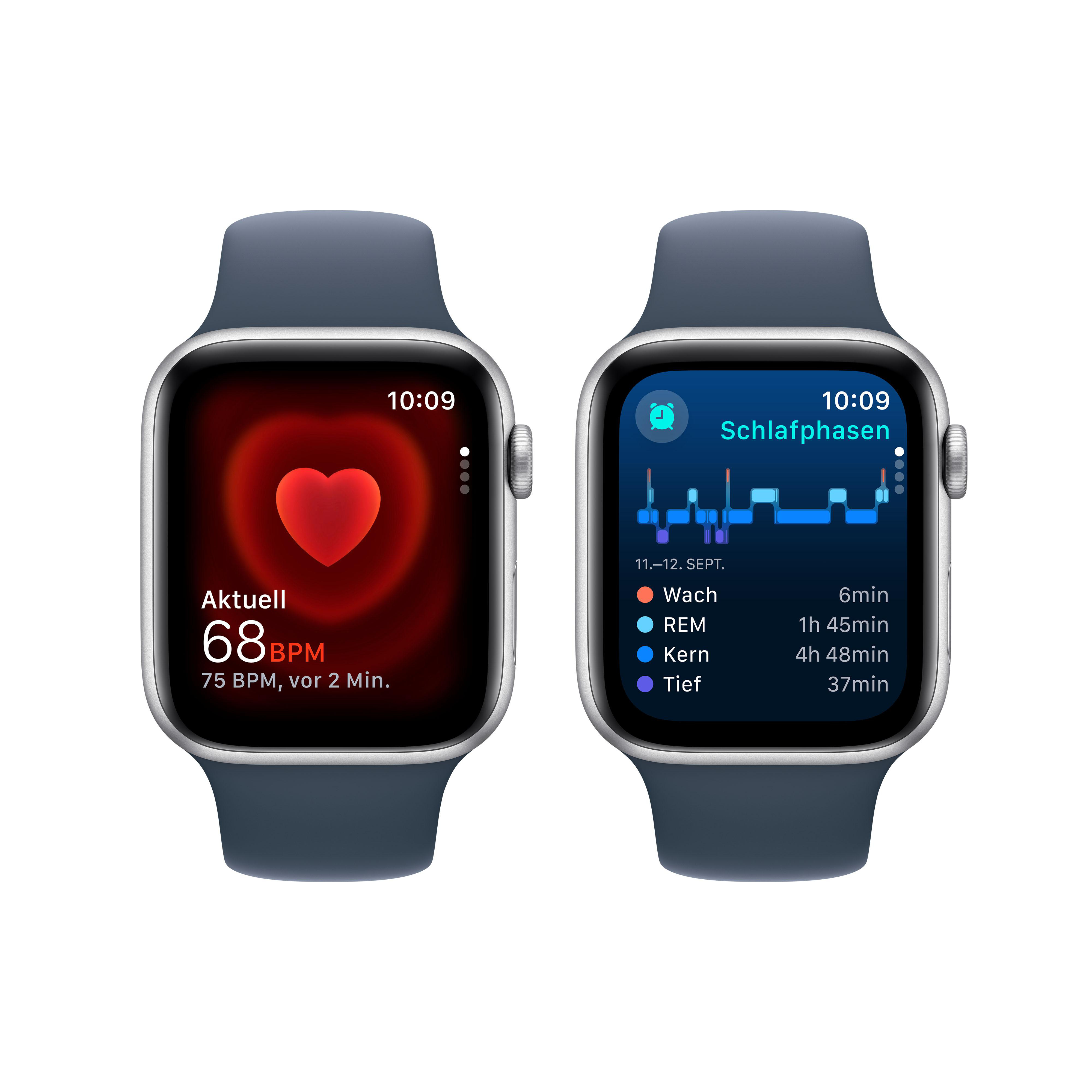 Zwei Apple Watches zeigen Herzfrequenz und Schlafdaten. Eine zeigt ein rotes Herzsymbol.