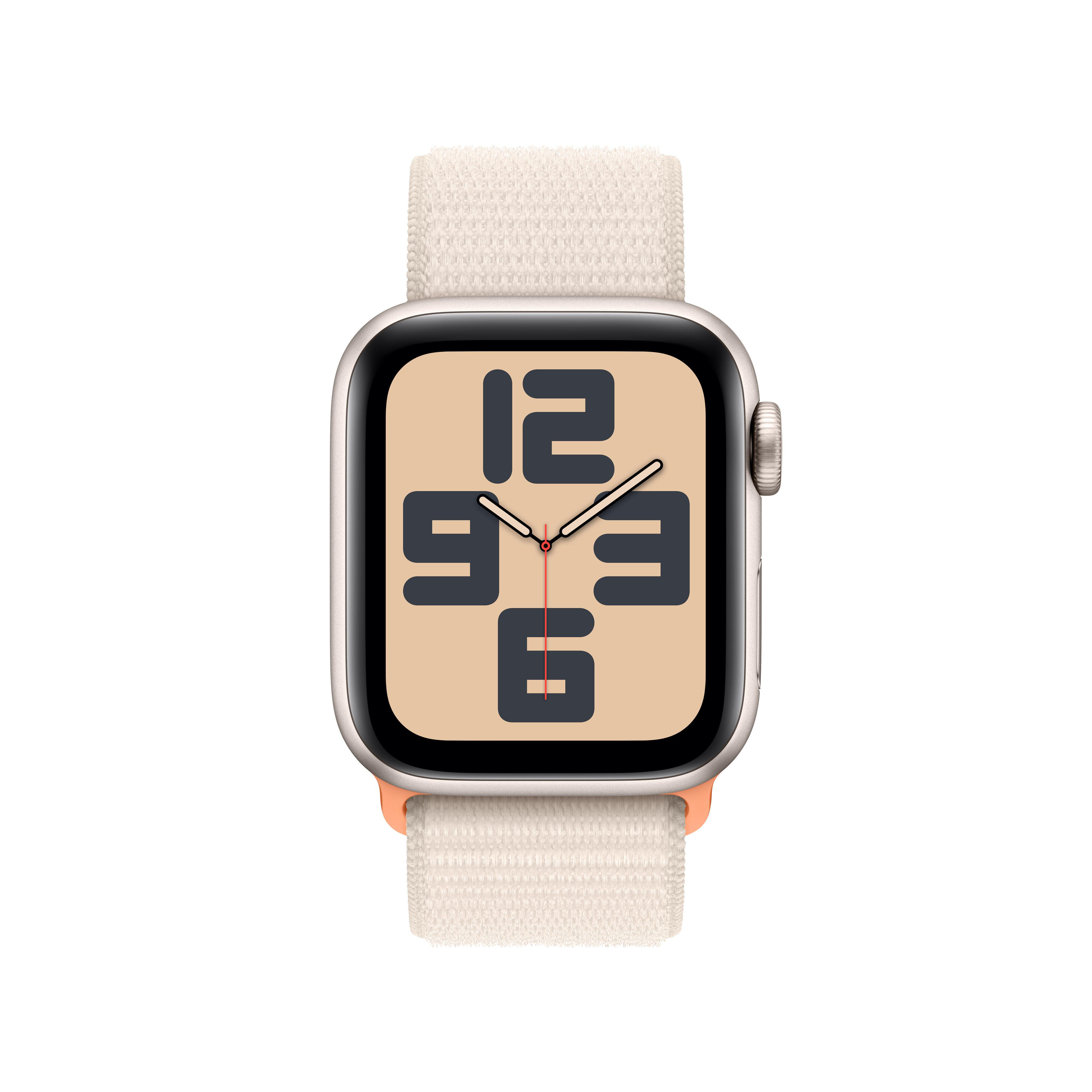 Apple Watch mit beigem Zifferblatt, großen schwarzen Zahlen und einem beige-orangen Band. Weißer Hintergrund.