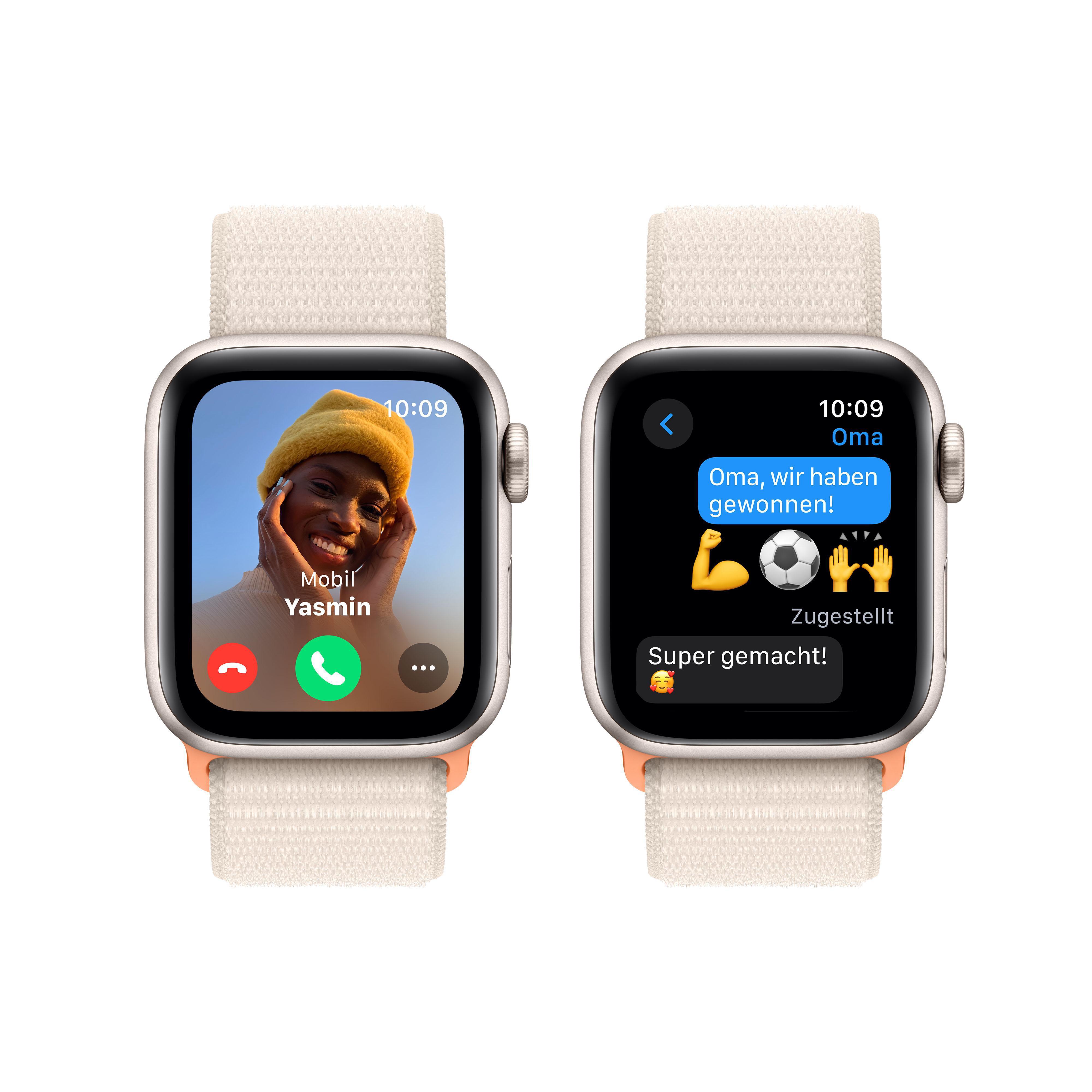 Zwei Smartwatches: eine mit Videoanruf, die andere mit Textnachricht und Emojis.