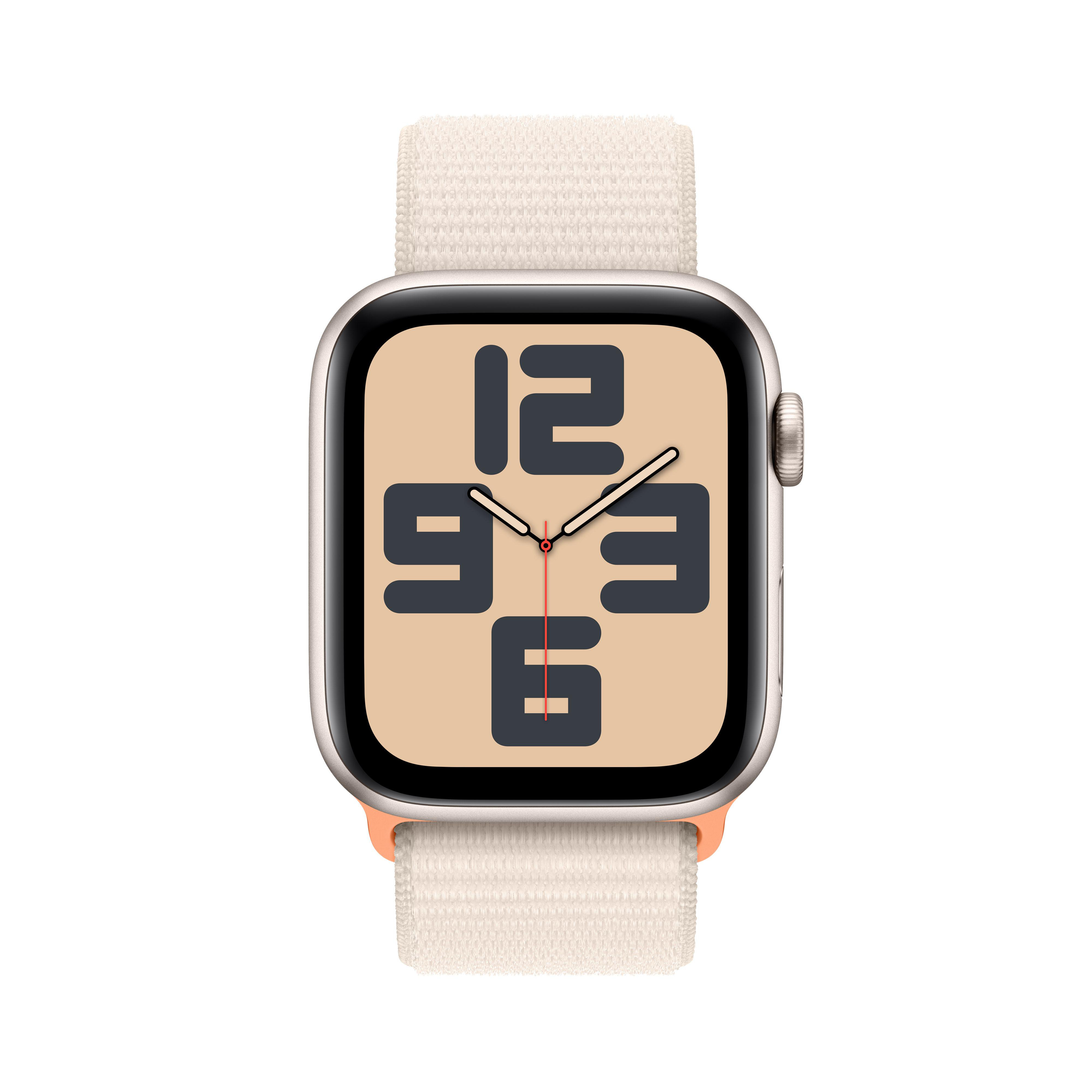 Silberne Apple Watch mit beigem Armband, zeigt großes Zifferblatt.