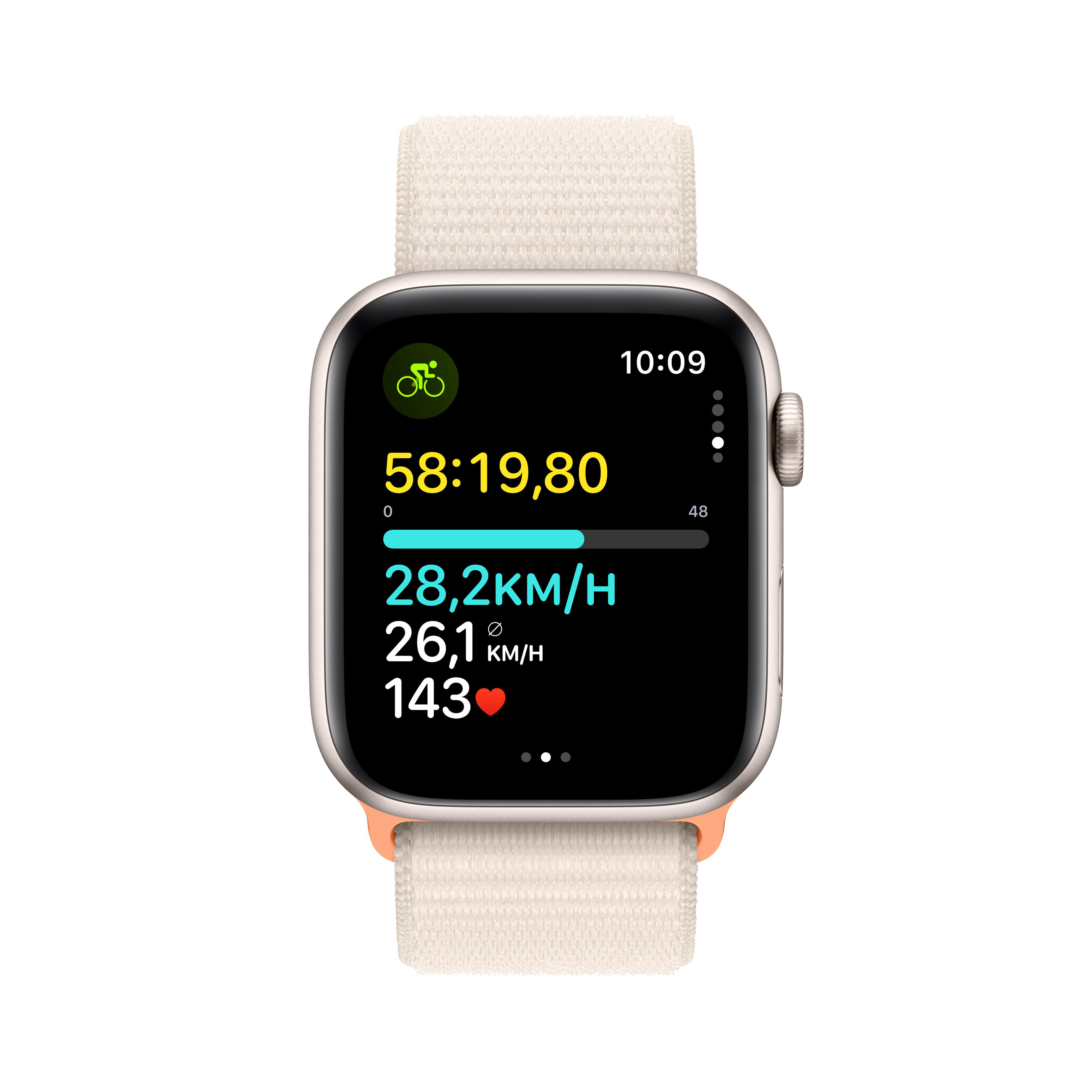 Eine Apple Watch, die ein Fahrradtraining zeigt und Geschwindigkeit, Herzfrequenz und Zeit anzeigt.