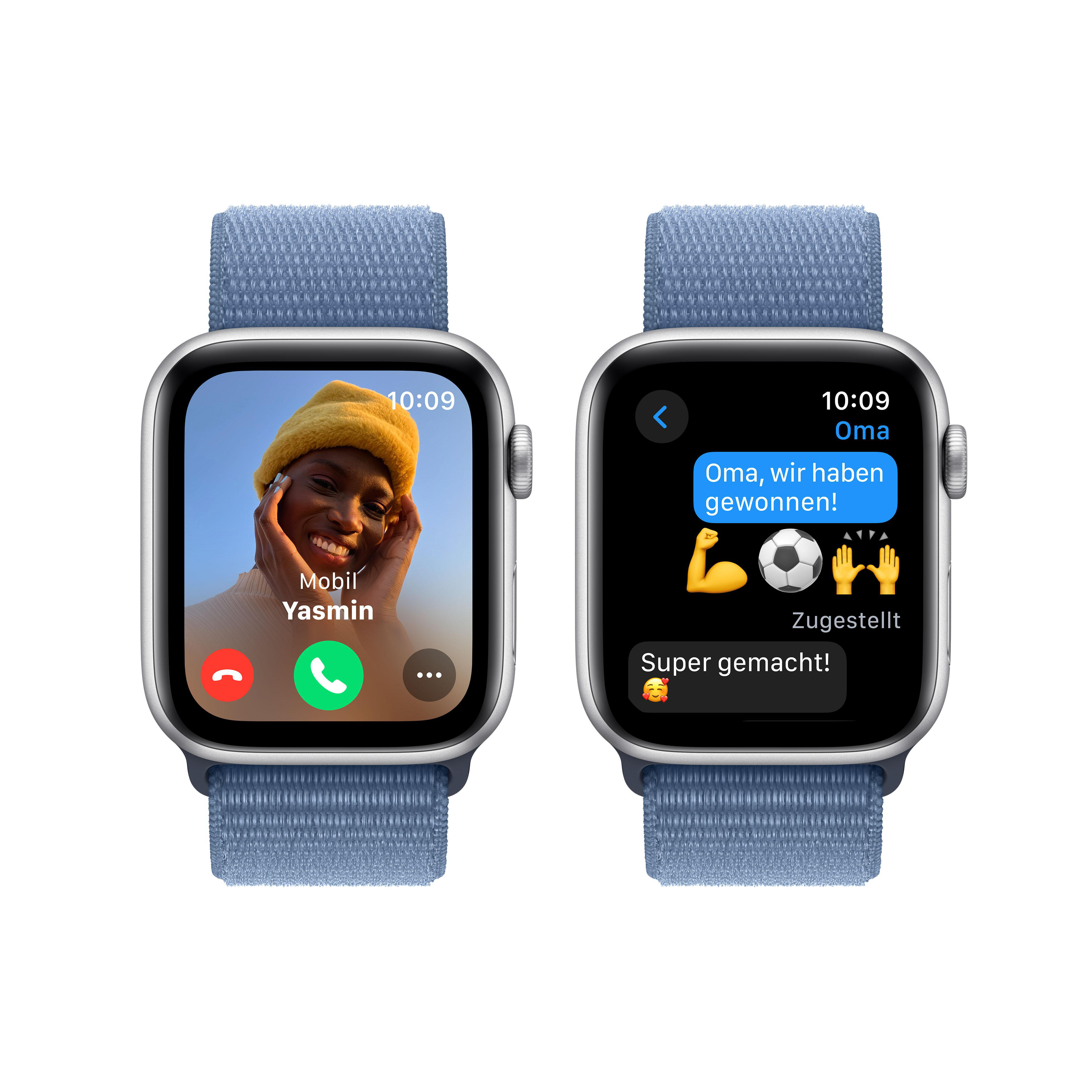 Zwei Apple Watches, die Anrufe und Textnachrichten anzeigen, mit einer Frau mit Hut.