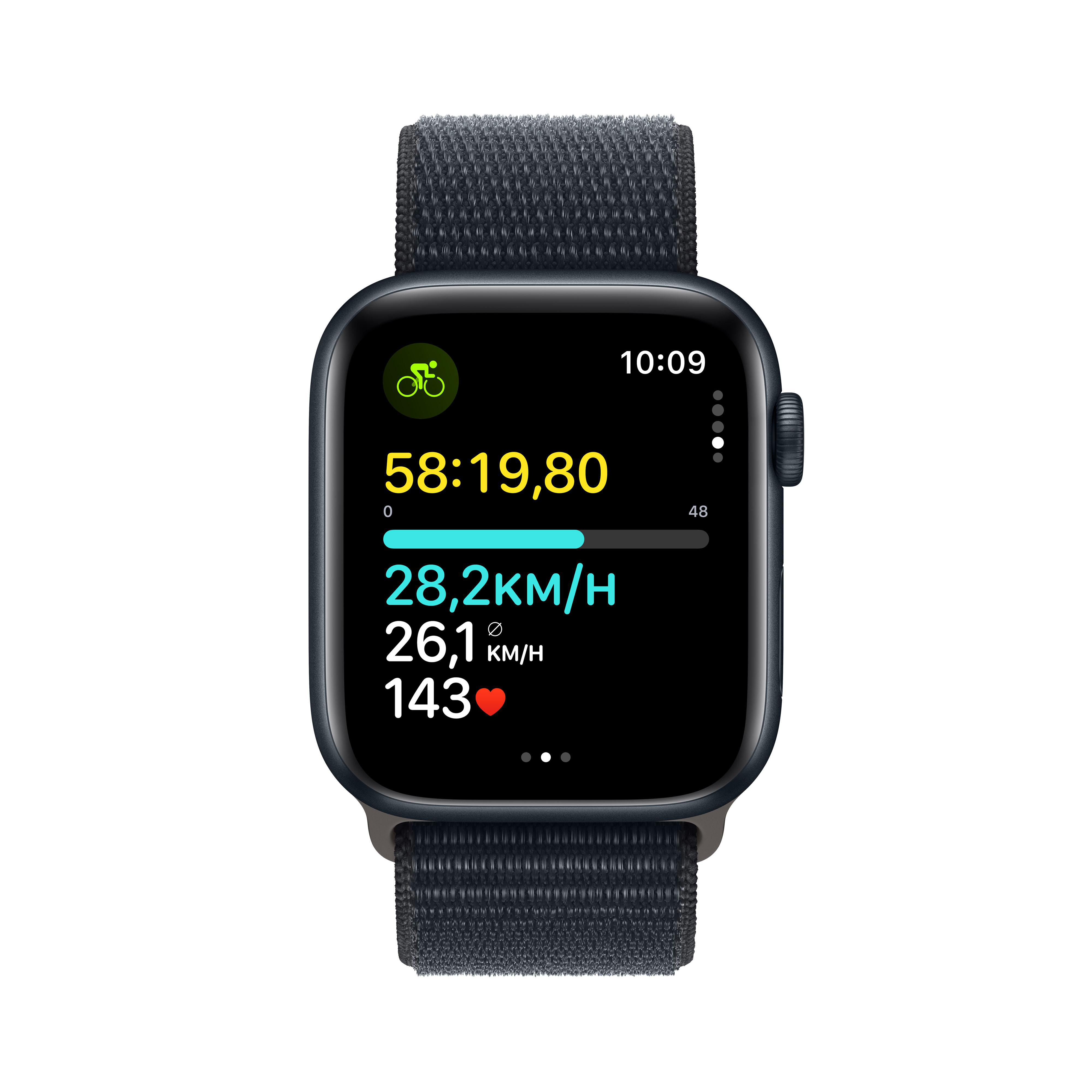 Apple Watch-Bildschirm zeigt Radfahr-Metriken: Zeit, Geschwindigkeit, Herzfrequenz, Distanz.