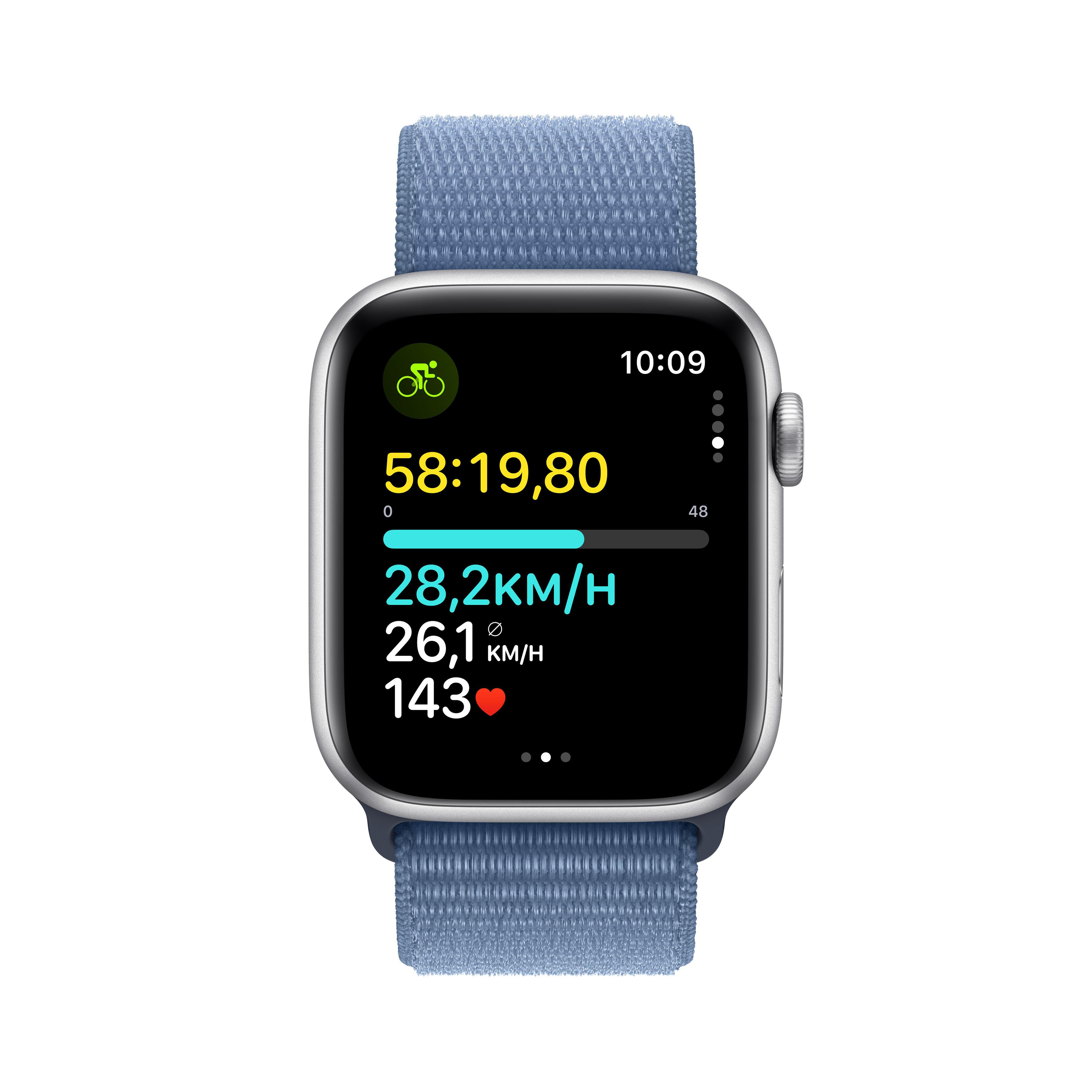 Apple Watch mit Radfahrdaten. Zeigt Geschwindigkeit, Distanz, Herzfrequenz und verstrichene Zeit.