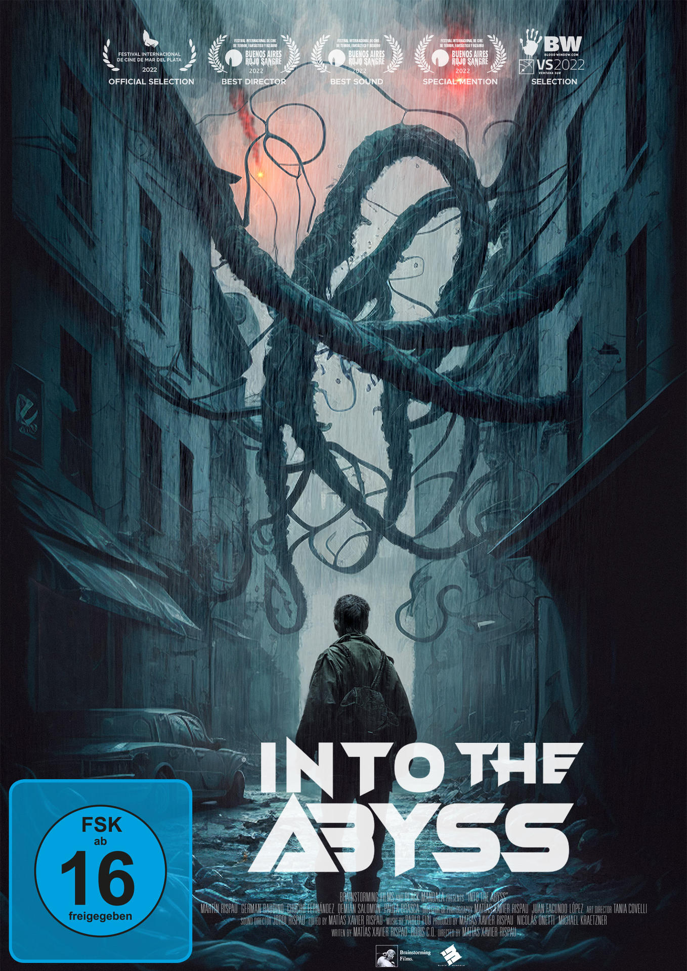 Filmposter für „Into the Abyss“. Eine Person steht in einer dunklen Straße mit hohen, bedrohlichen Strukturen darüber.