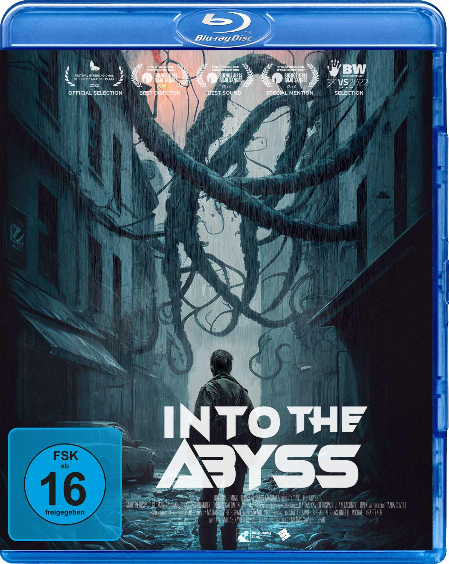Blu-ray Disc mit Horrorfilm-Cover. Eine Figur steht auf einer regnerischen Straße mit Tentakeln.