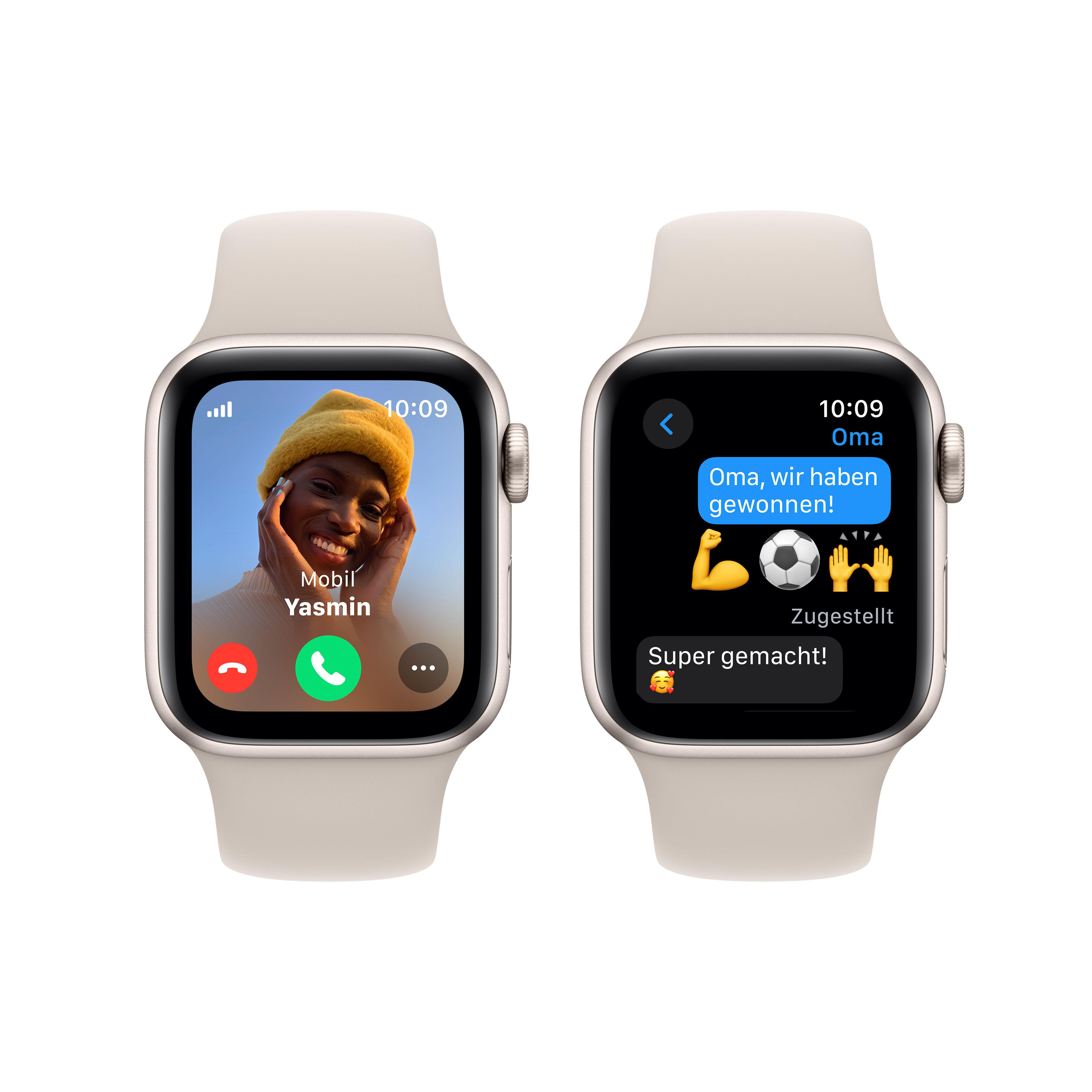 Zwei Apple Watches zeigen einen Videoanruf und eine Textnachricht mit 'Super gemacht!'.