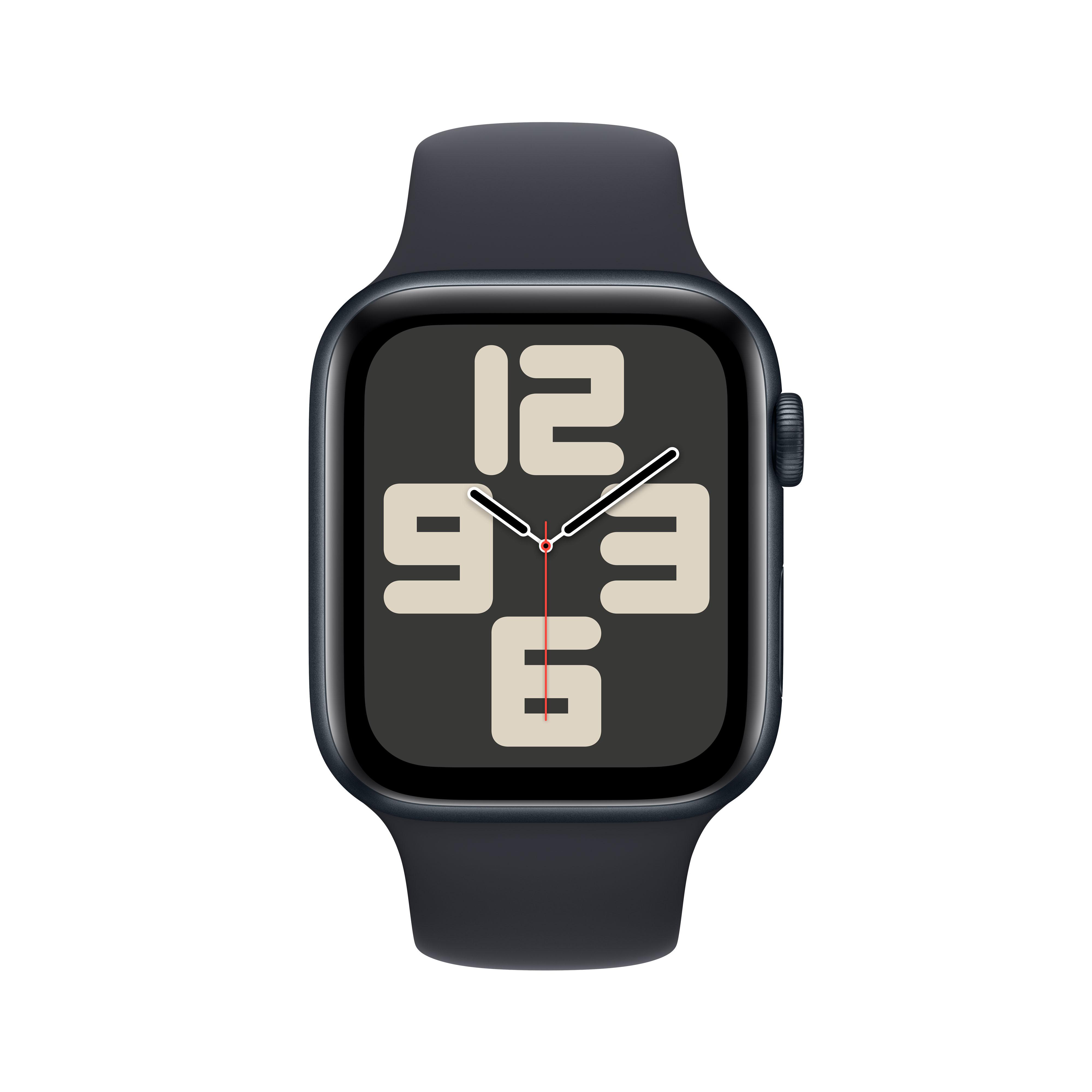 Eine Apple Watch mit schwarzem Armband, zeigt ein Ziffernblatt mit großen weißen Zahlen.