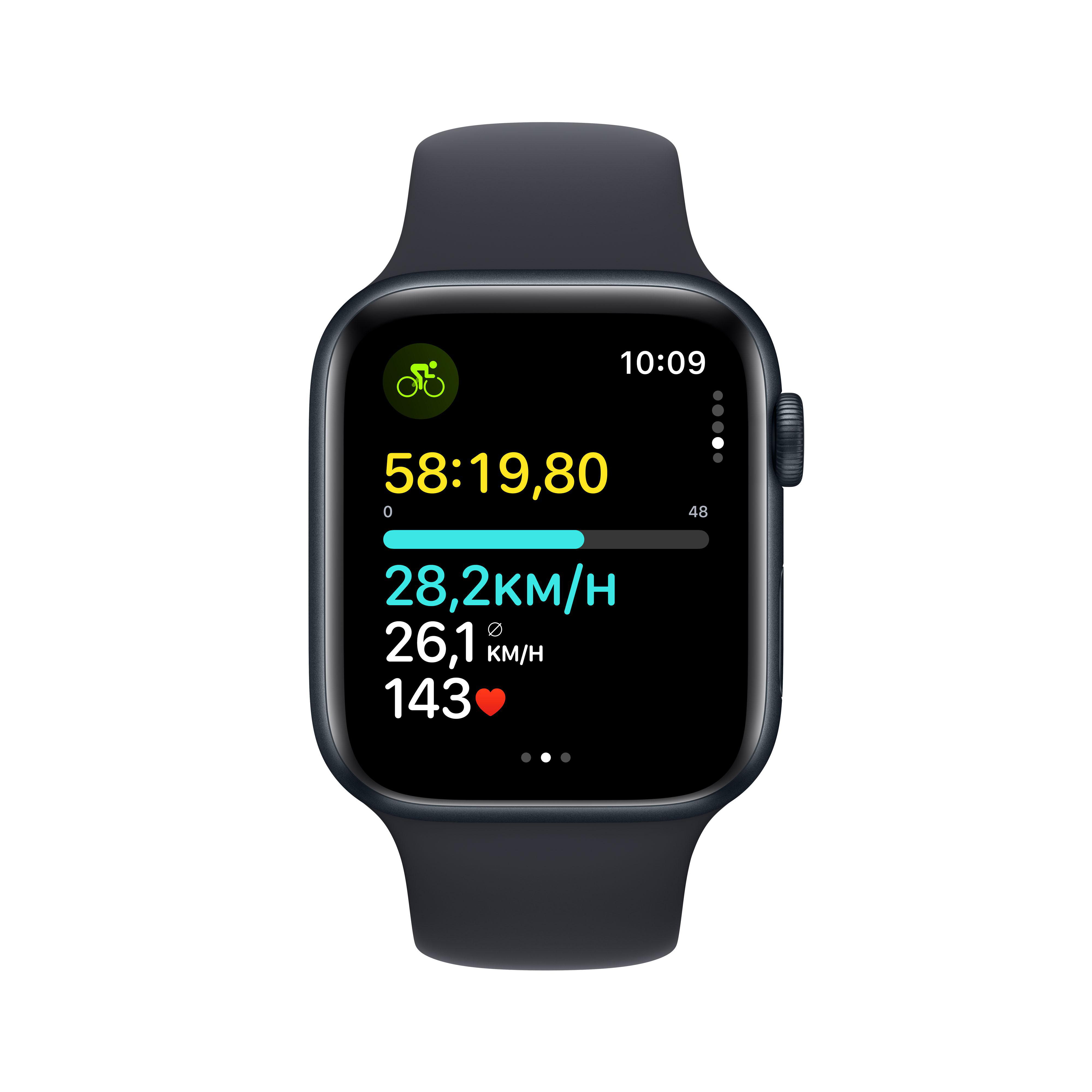 Apple Watch mit Fahrraddaten, einschließlich Geschwindigkeit, Distanz und Herzfrequenz.