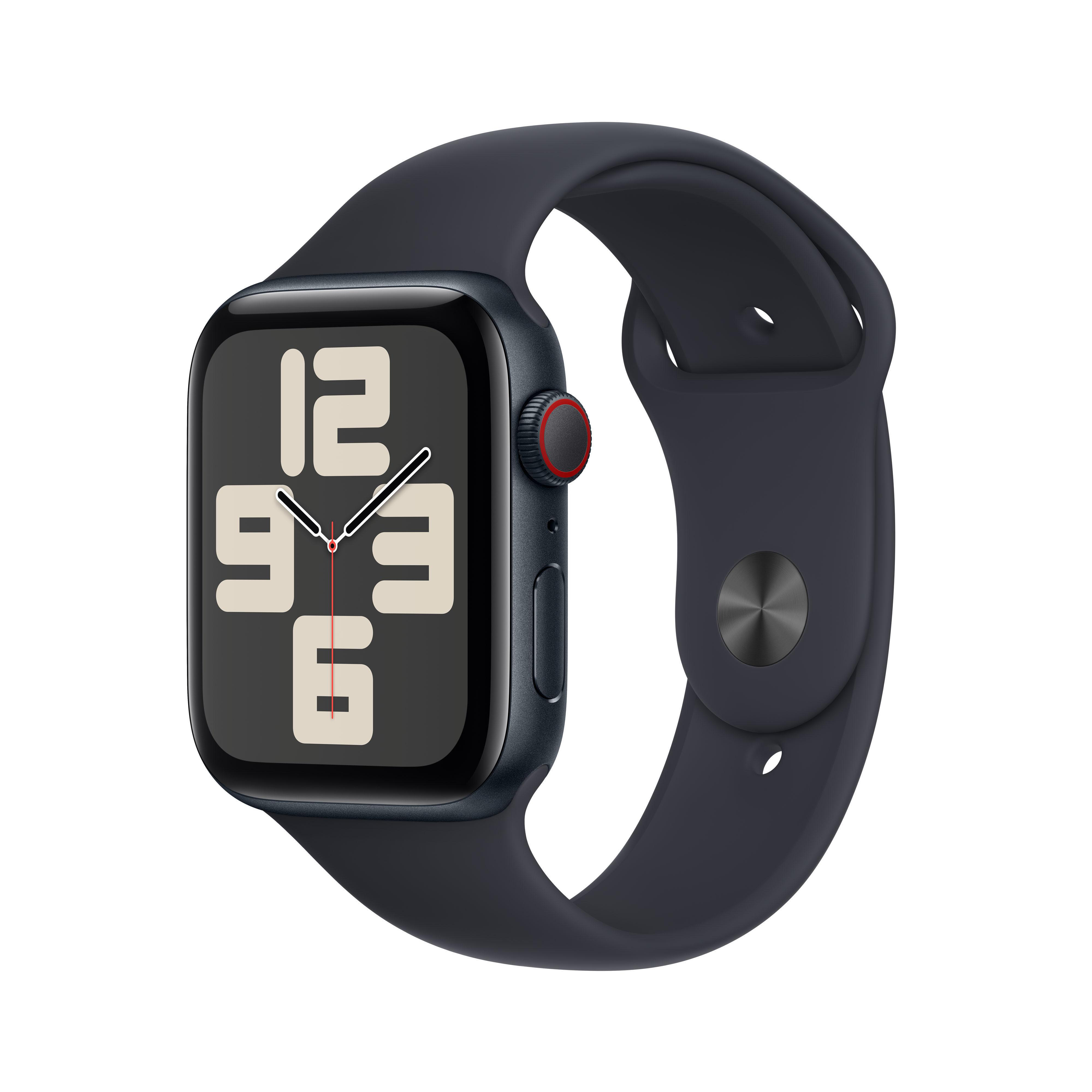Eine Apple Watch mit schwarzem Bildschirm, der die Zeit anzeigt, und einem schwarzen Armband.