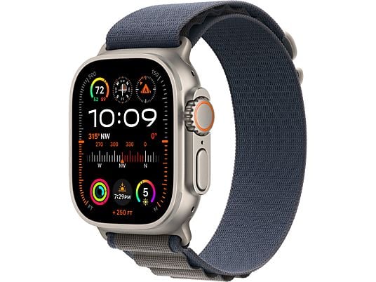APPLE Ultra 2 (GPS + Cellular, Titan) 49 mm  - Smartwatch (Medium 145-190 mm, Textilgewebe (Carbon Neutral), Titan Natur/Blau)