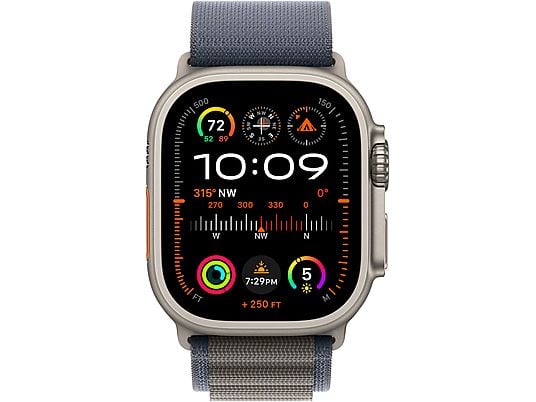 APPLE Ultra 2 (GPS + Cellular, Titan) 49 mm  - Smartwatch (Medium 145-190 mm, Textilgewebe (Carbon Neutral), Titan Natur/Blau)