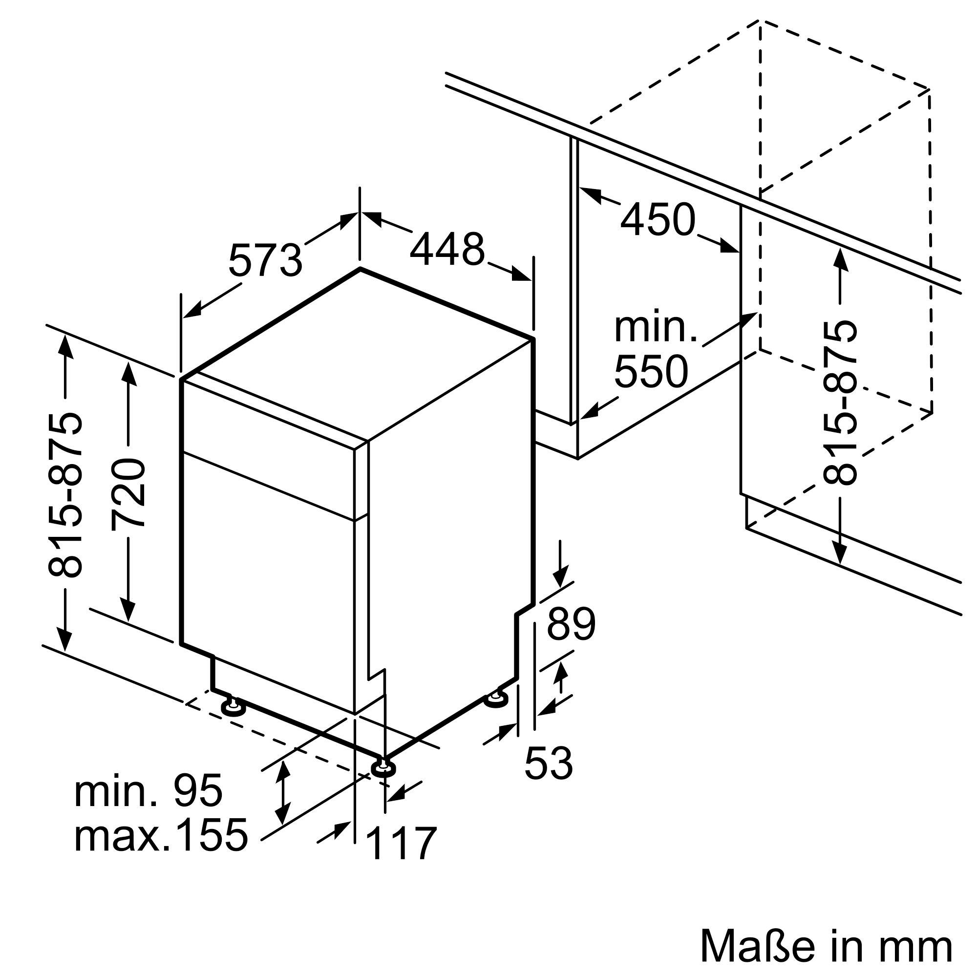 Diagramm eines Geschirrspülers mit Maßen, einschließlich Abmessungen und Installationsdetails.